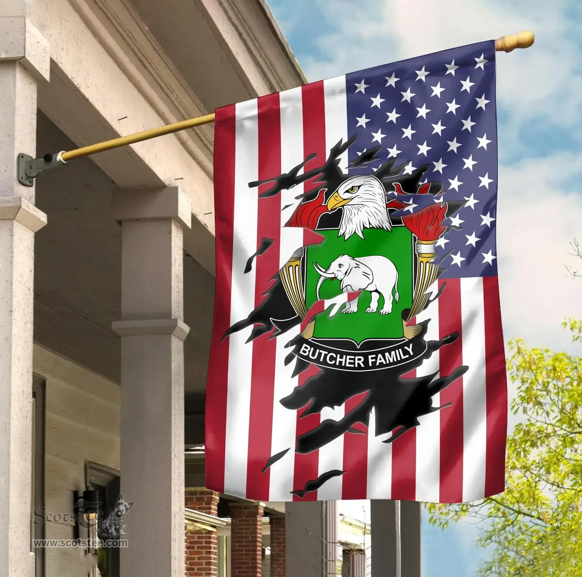 ScotsTee Shop American Butcher Coat of Arms Scratch on American Flag U.S. Flag Garden Flag/ House Flag
