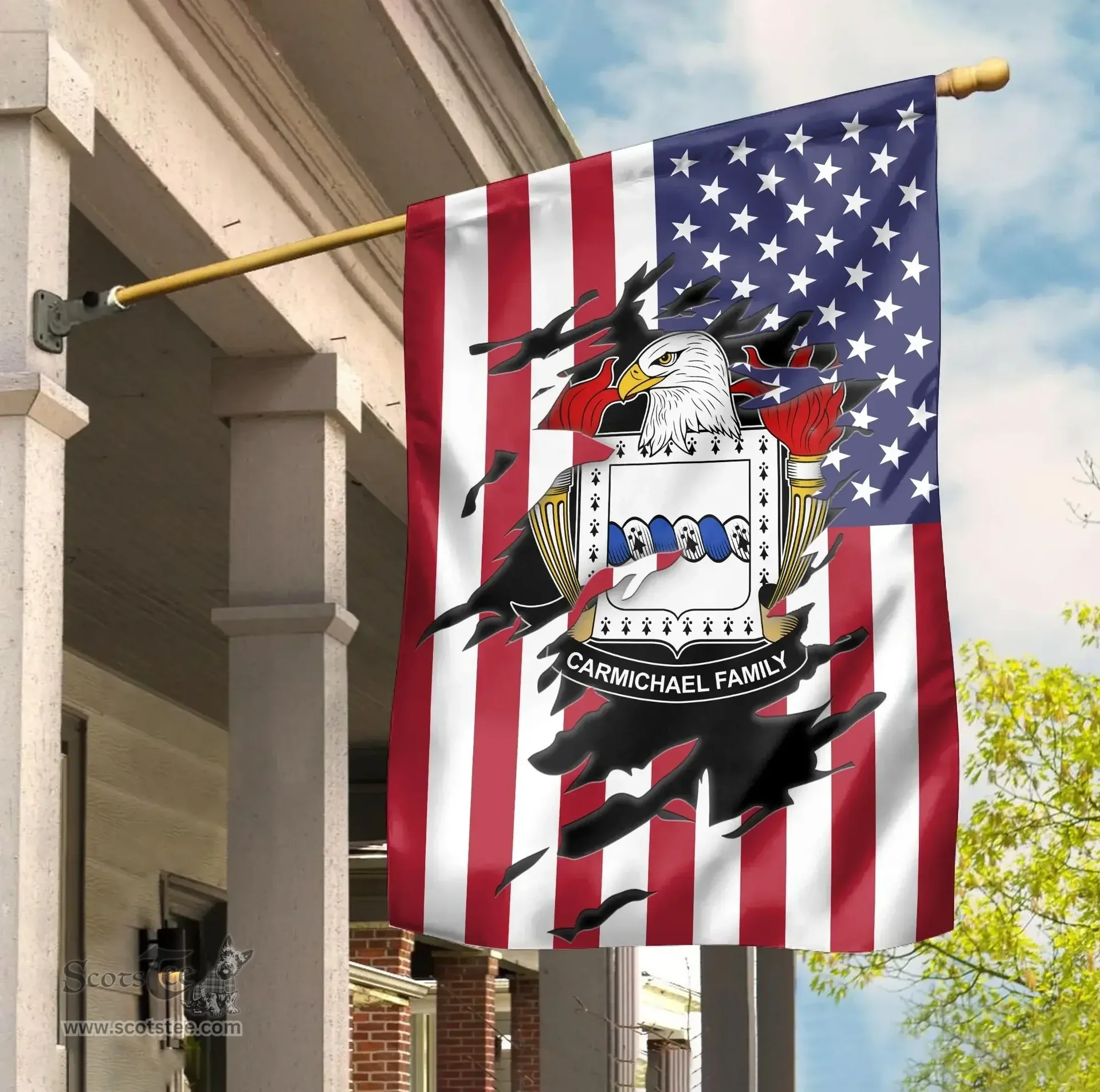 ScotsTee Shop American Carmichael Coat of Arms Scratch on American Flag U.S. Flag Garden Flag/ House Flag