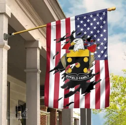 ScotsTee Shop American Byfield Coat of Arms Scratch on American Flag U.S. Flag Garden Flag/ House Flag