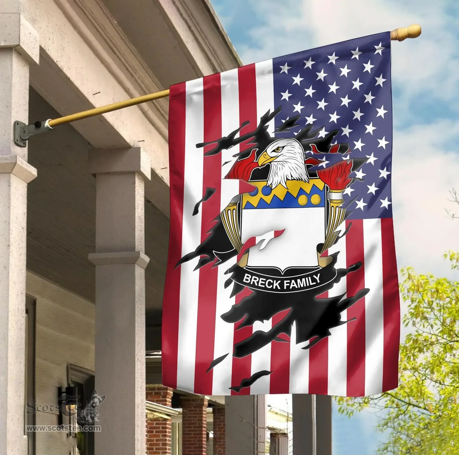 ScotsTee Shop American Breck Coat of Arms Scratch on American Flag U.S. Flag Garden Flag/ House Flag