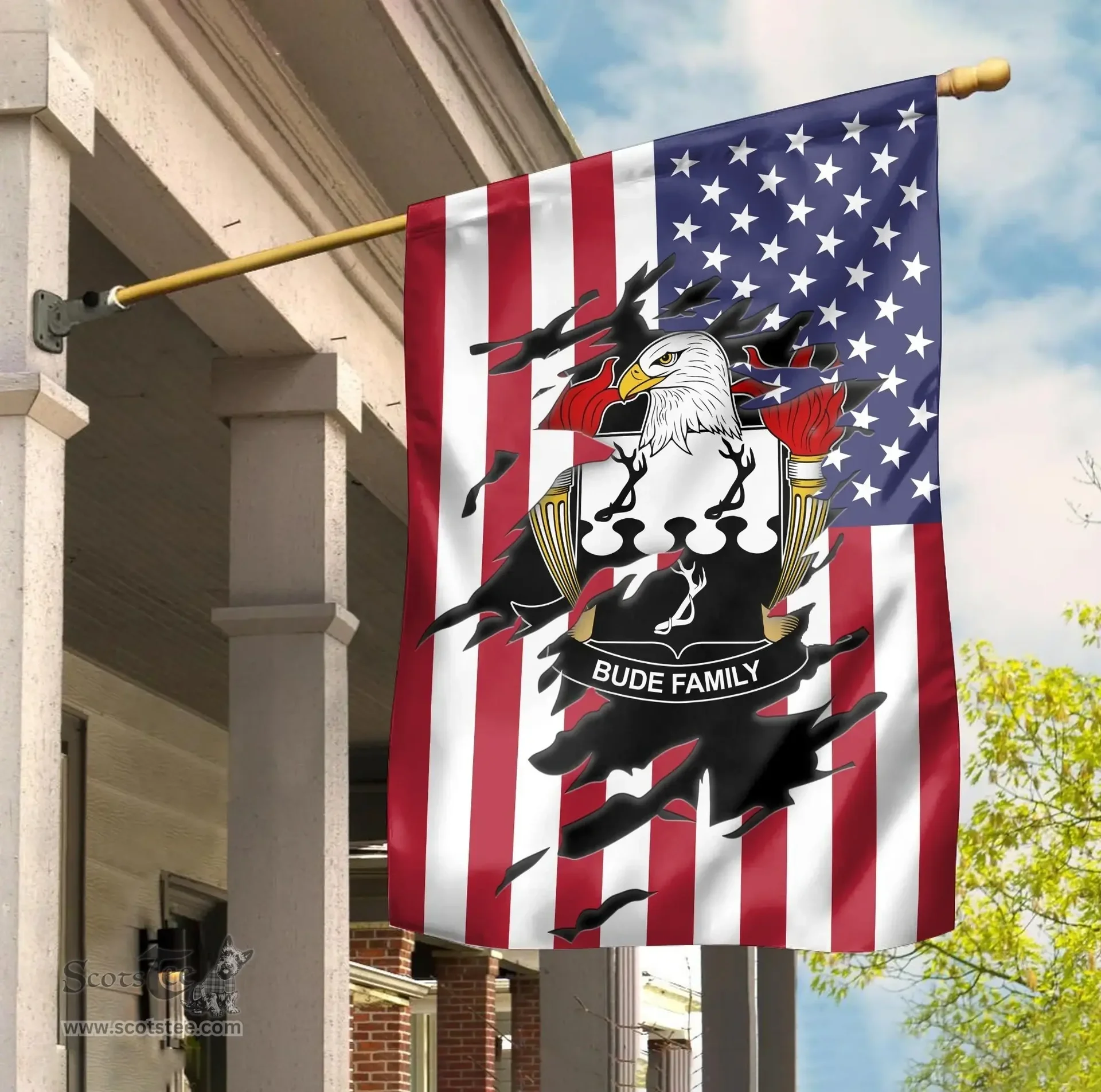 ScotsTee Shop American Bude Coat of Arms Scratch on American Flag U.S. Flag Garden Flag/ House Flag