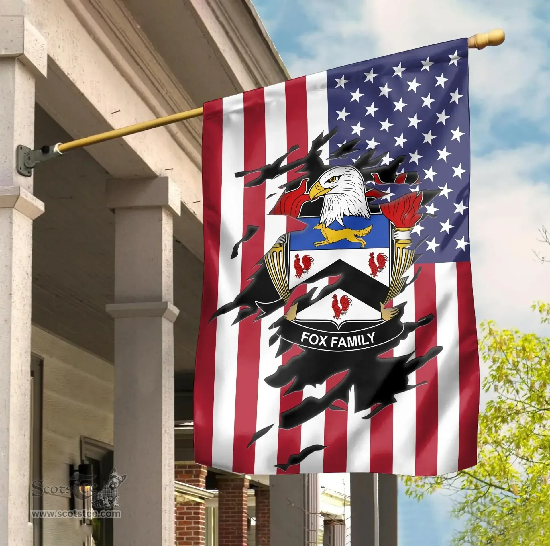 ScotsTee Shop American Fox Coat of Arms Scratch on American Flag U.S. Flag Garden Flag/ House Flag
