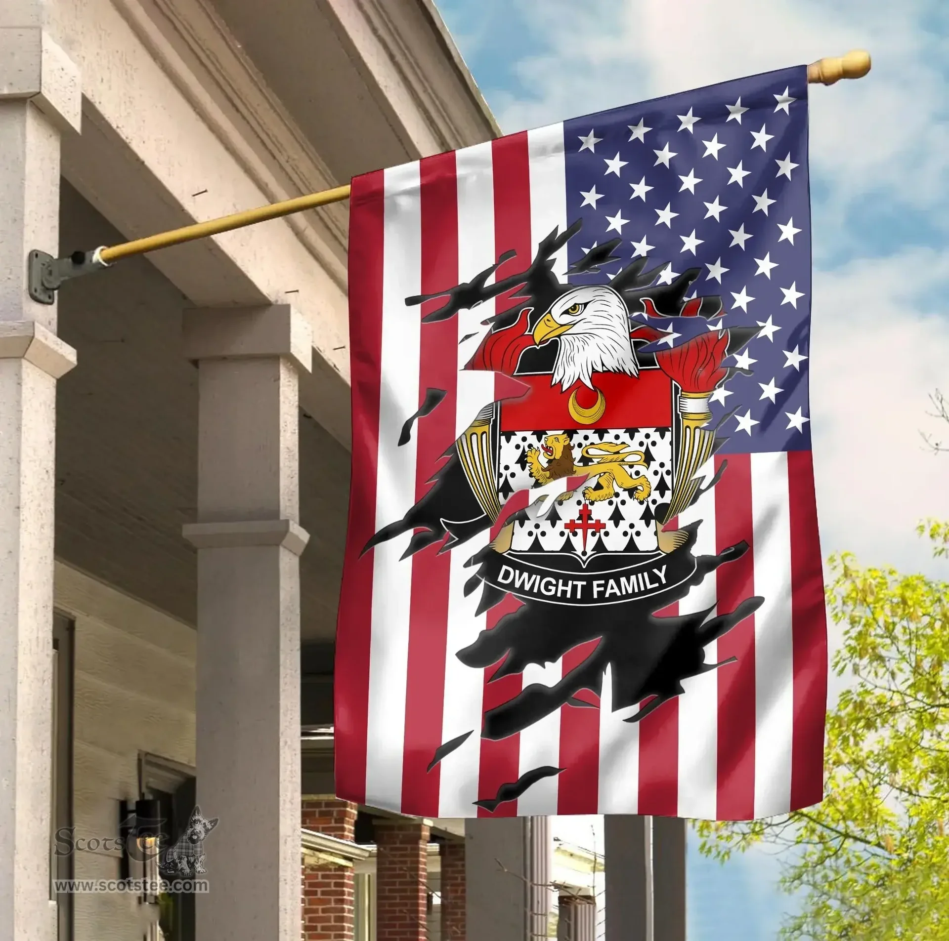 ScotsTee Shop American Dwight Coat of Arms Scratch on American Flag U.S. Flag Garden Flag/ House Flag
