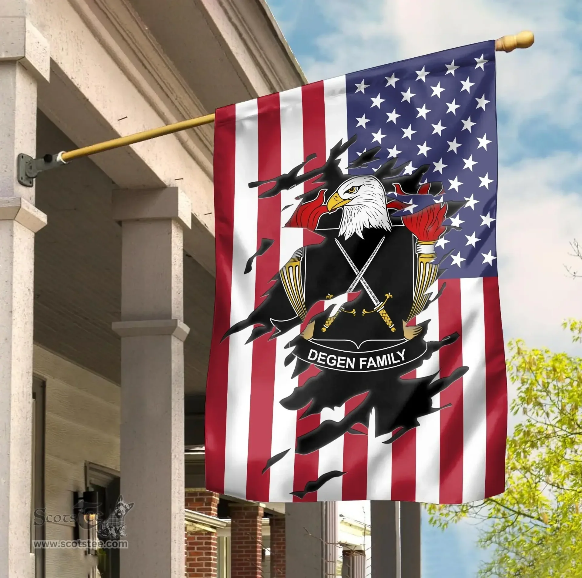ScotsTee Shop American Degen Coat of Arms Scratch on American Flag U.S. Flag Garden Flag/ House Flag