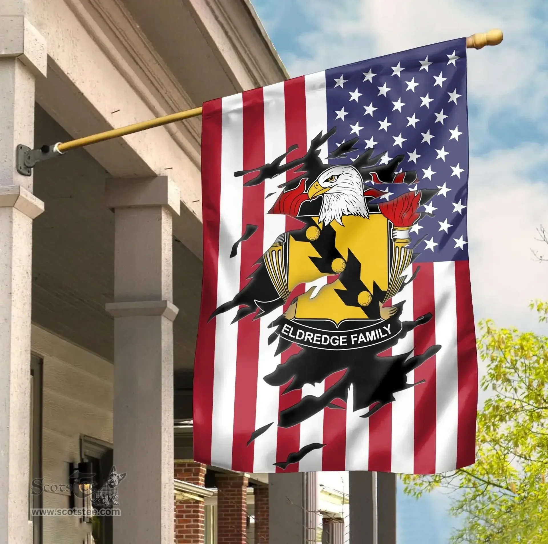 ScotsTee Shop American Eldredge Coat of Arms Scratch on American Flag U.S. Flag Garden Flag/ House Flag