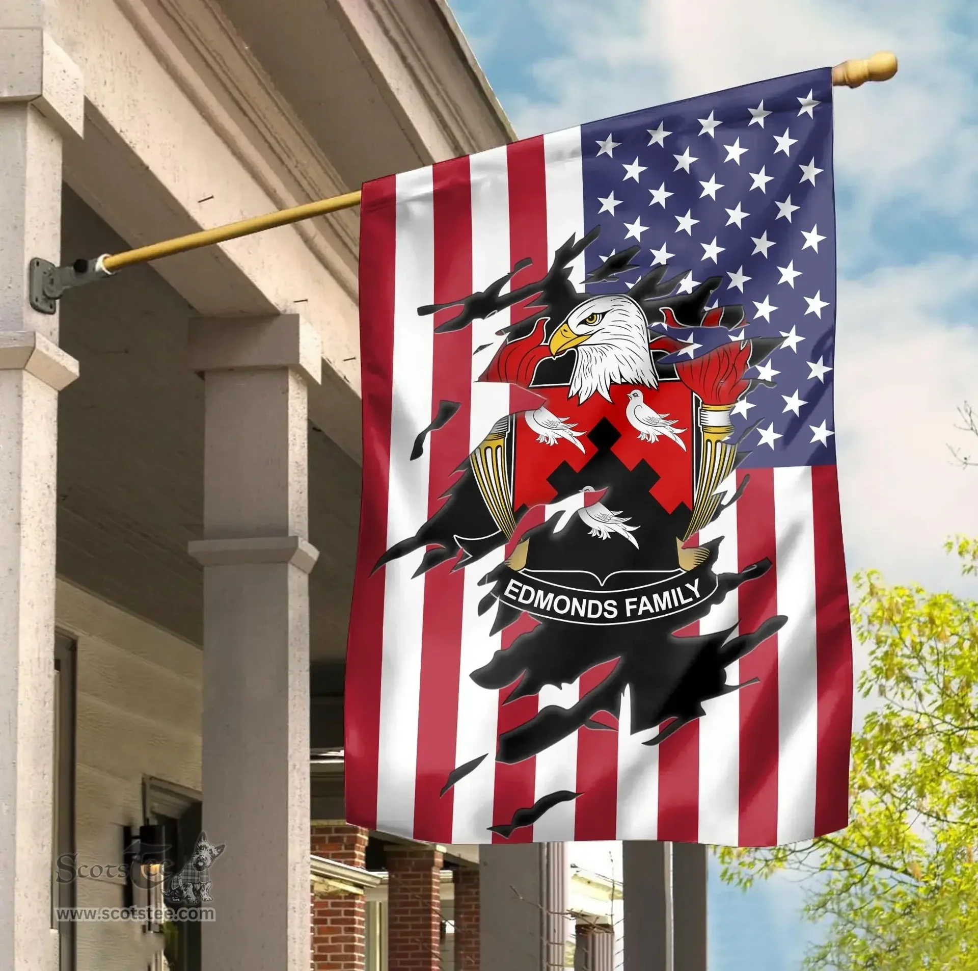 ScotsTee Shop American Edmonds Coat of Arms Scratch on American Flag U.S. Flag Garden Flag/ House Flag