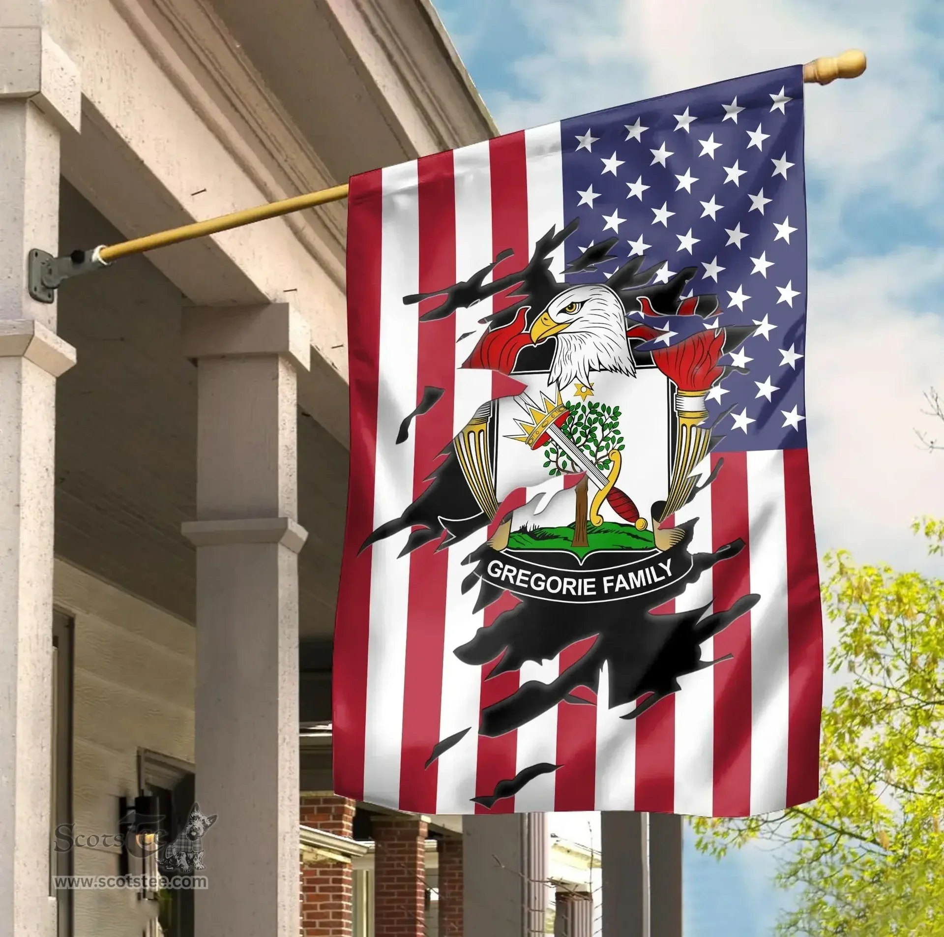 ScotsTee Shop American Gregorie Coat of Arms Scratch on American Flag U.S. Flag Garden Flag/ House Flag