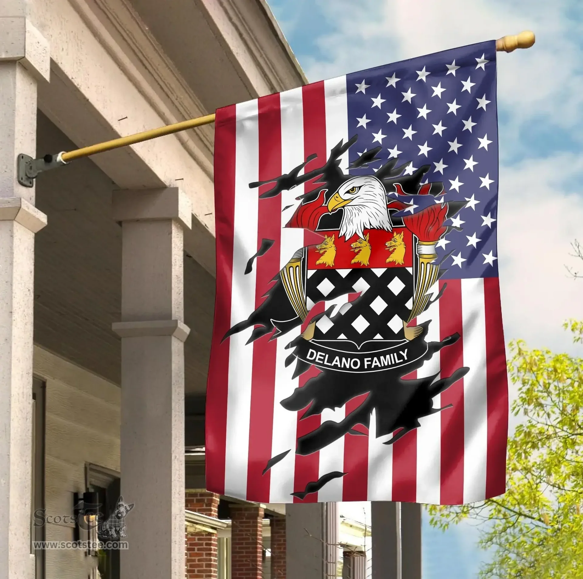 ScotsTee Shop American Delano Coat of Arms Scratch on American Flag U.S. Flag Garden Flag/ House Flag