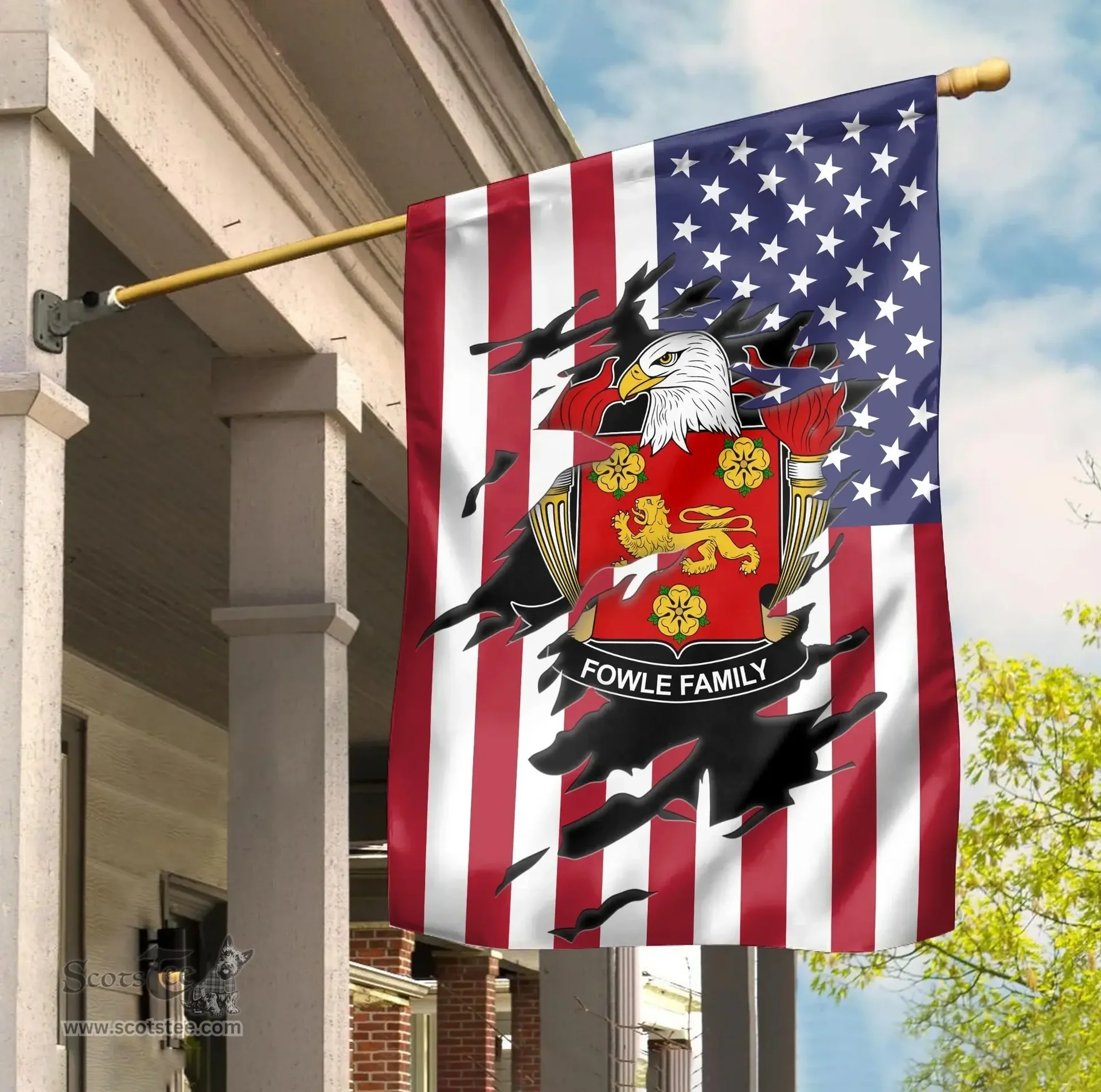 ScotsTee Shop American Fowle Coat of Arms Scratch on American Flag U.S. Flag Garden Flag/ House Flag