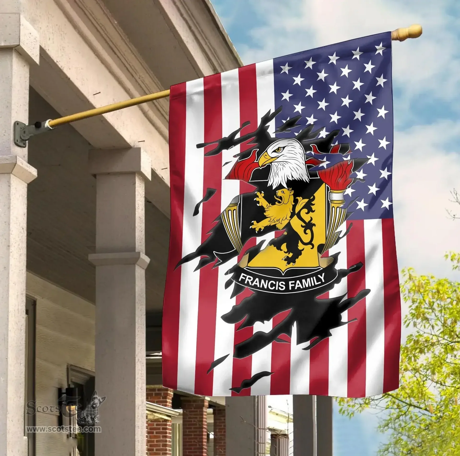 ScotsTee Shop American Francis Coat of Arms Scratch on American Flag U.S. Flag Garden Flag/ House Flag