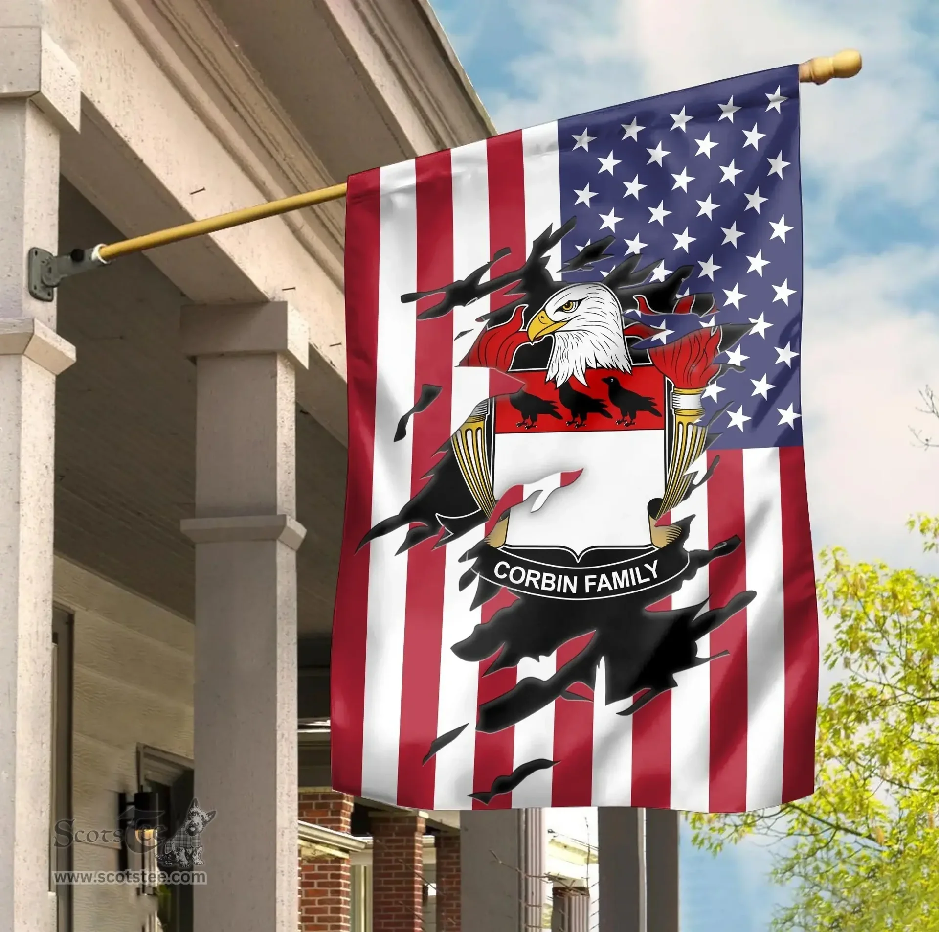 ScotsTee Shop American Corbin Coat of Arms Scratch on American Flag U.S. Flag Garden Flag/ House Flag