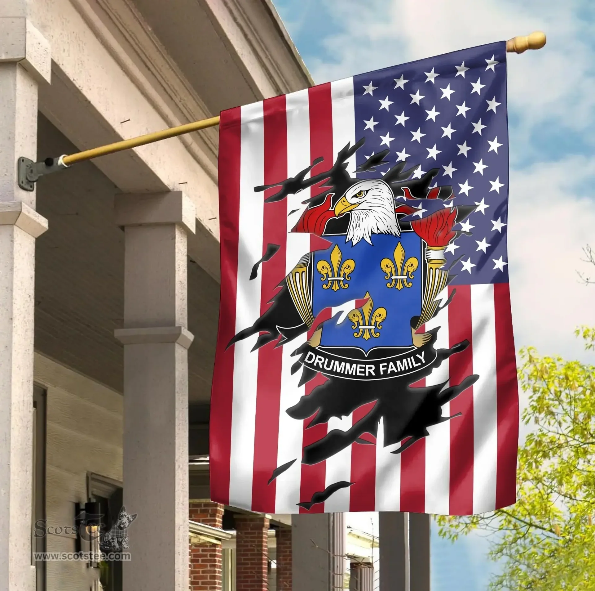 ScotsTee Shop American Drummer Coat of Arms Scratch on American Flag U.S. Flag Garden Flag/ House Flag