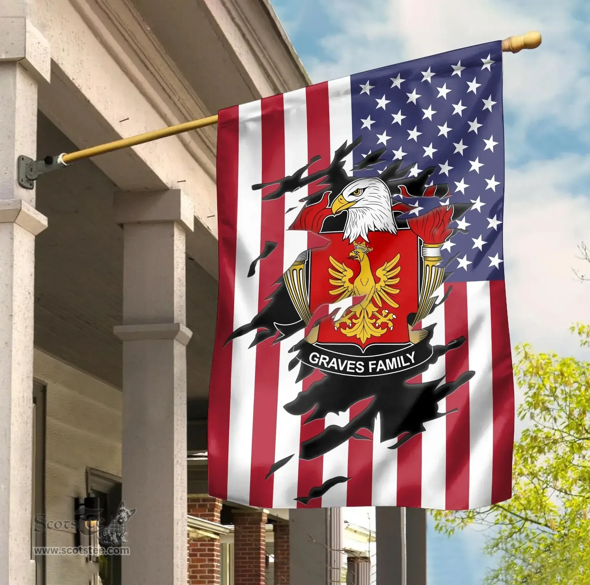 ScotsTee Shop American Graves Coat of Arms Scratch on American Flag U.S. Flag Garden Flag/ House Flag