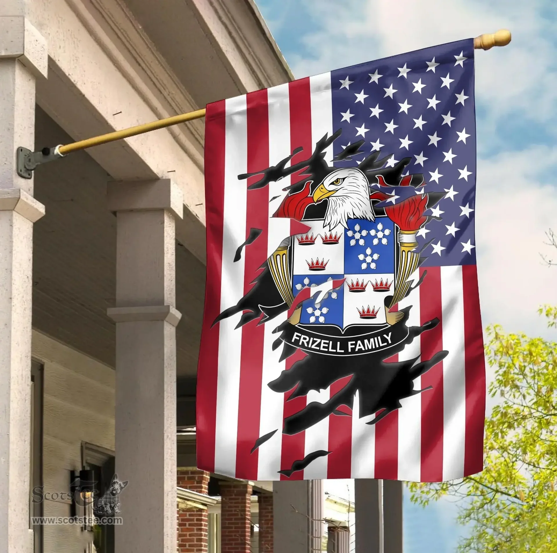 ScotsTee Shop American Frizell Coat of Arms Scratch on American Flag U.S. Flag Garden Flag/ House Flag