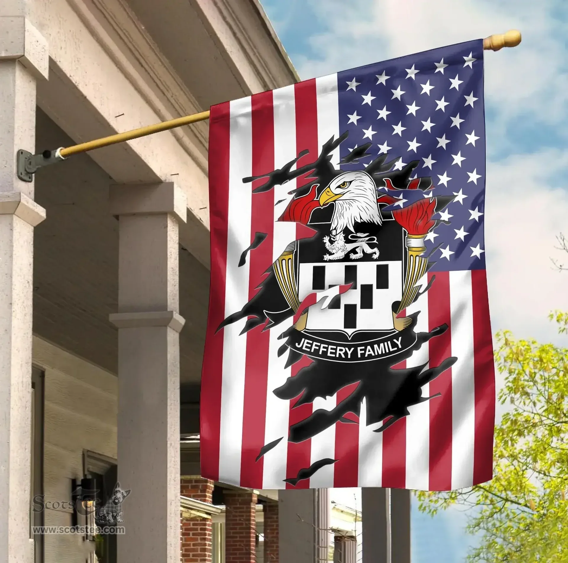ScotsTee Shop American Jeffery Coat of Arms Scratch on American Flag U.S. Flag Garden Flag/ House Flag