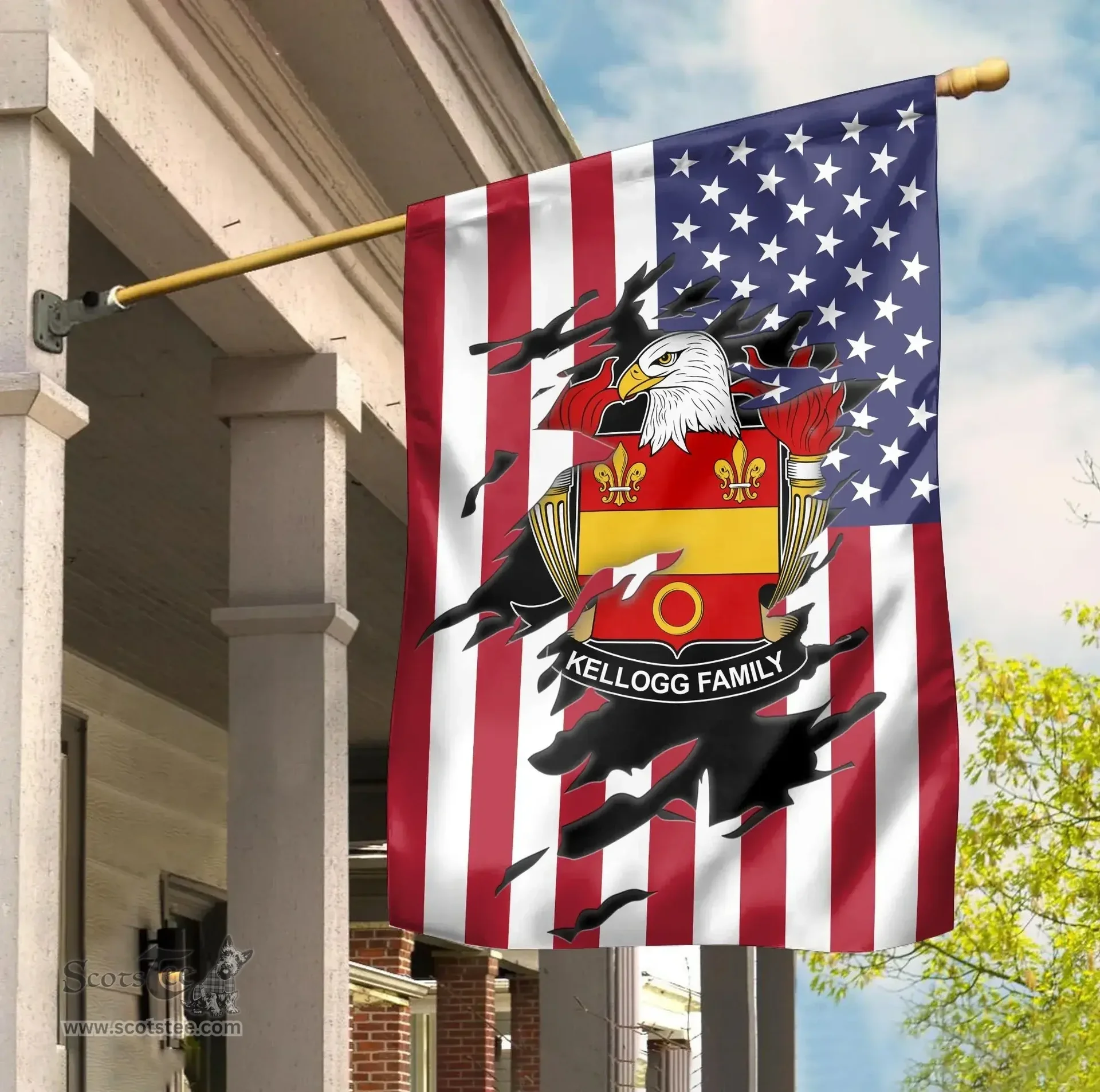ScotsTee Shop American Kellogg Coat of Arms Scratch on American Flag U.S. Flag Garden Flag/ House Flag