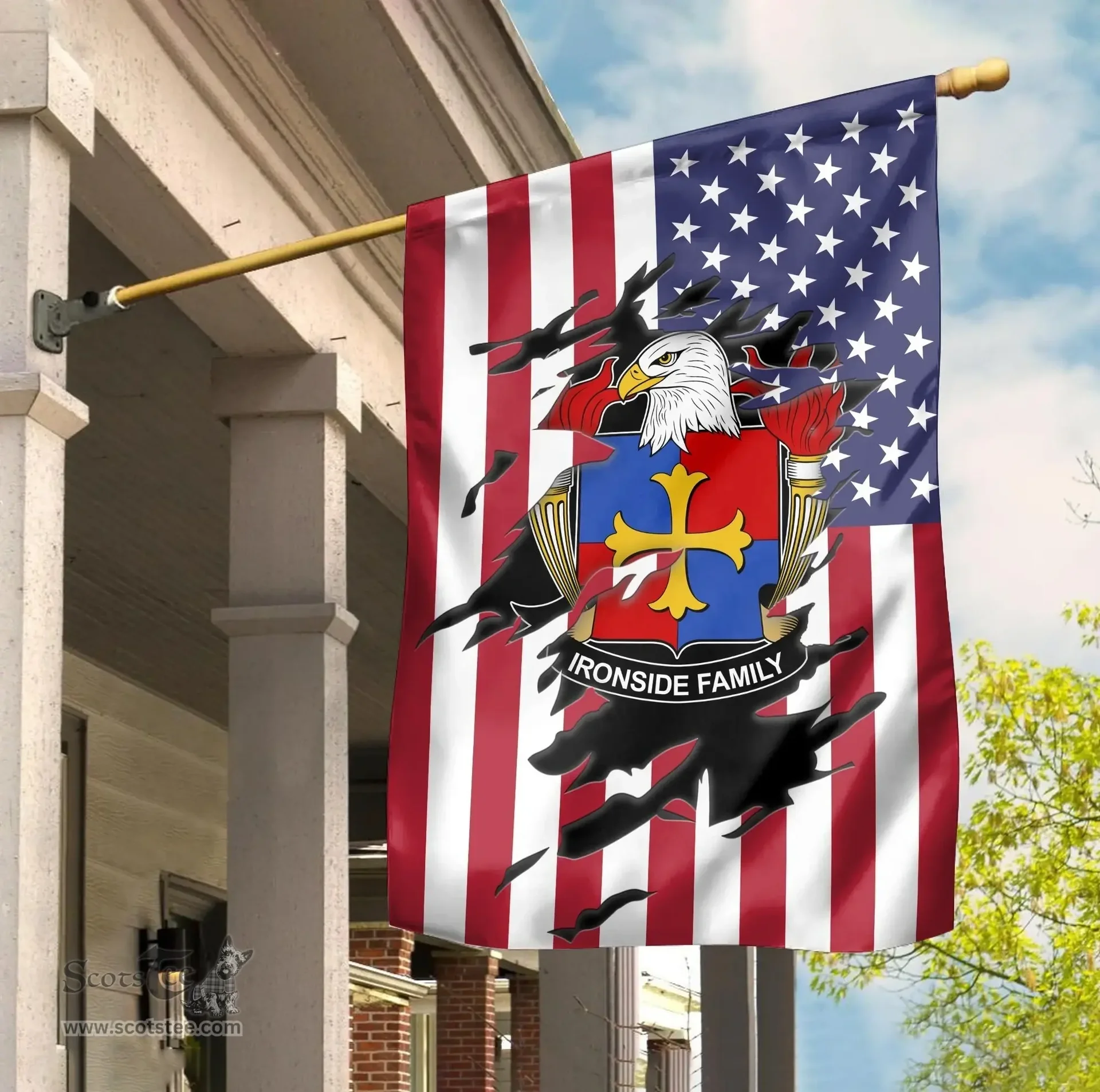 ScotsTee Shop American Ironside Coat of Arms Scratch on American Flag U.S. Flag Garden Flag/ House Flag