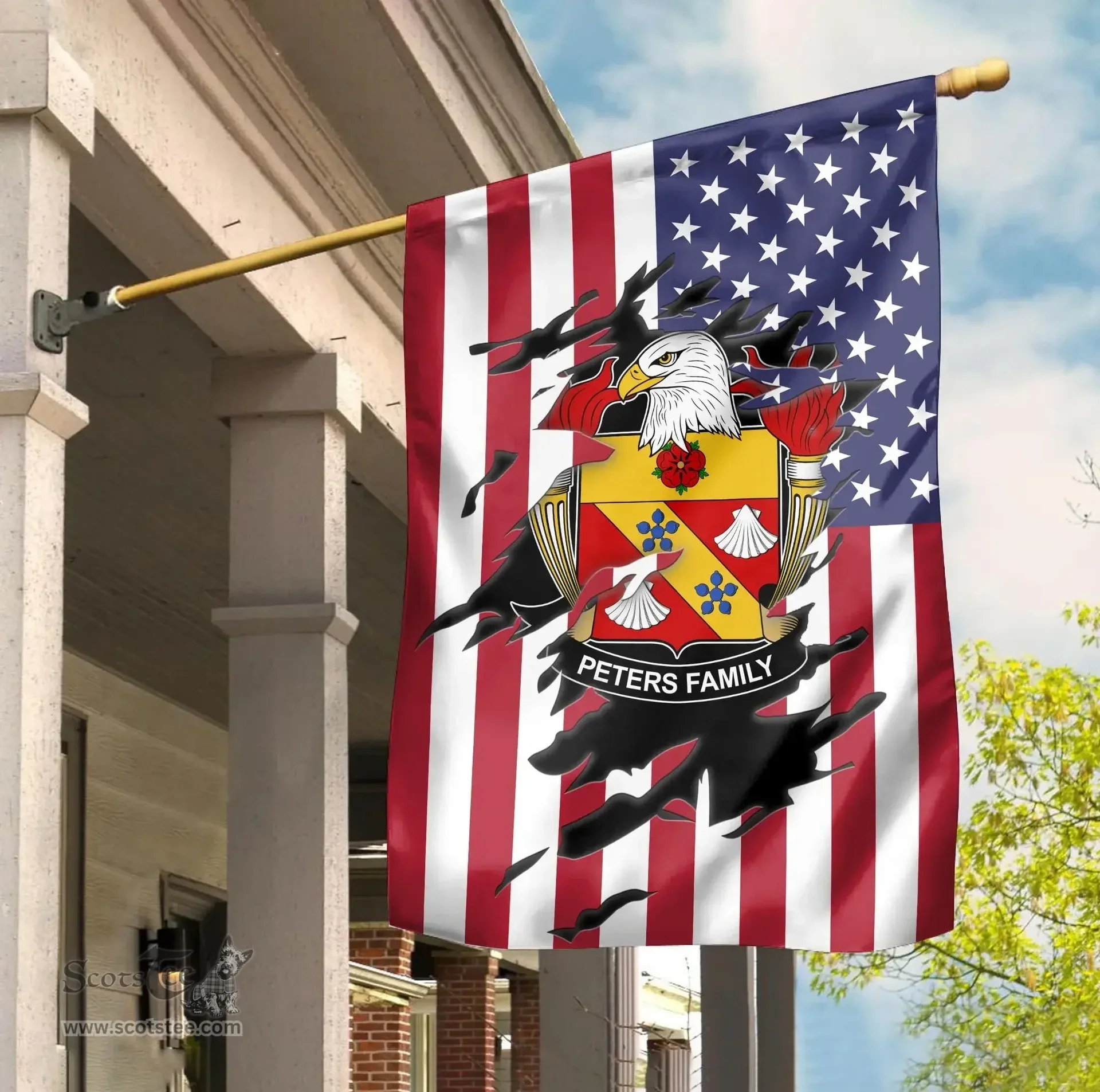 ScotsTee Shop American Peters Coat of Arms Scratch on American Flag U.S. Flag Garden Flag/ House Flag