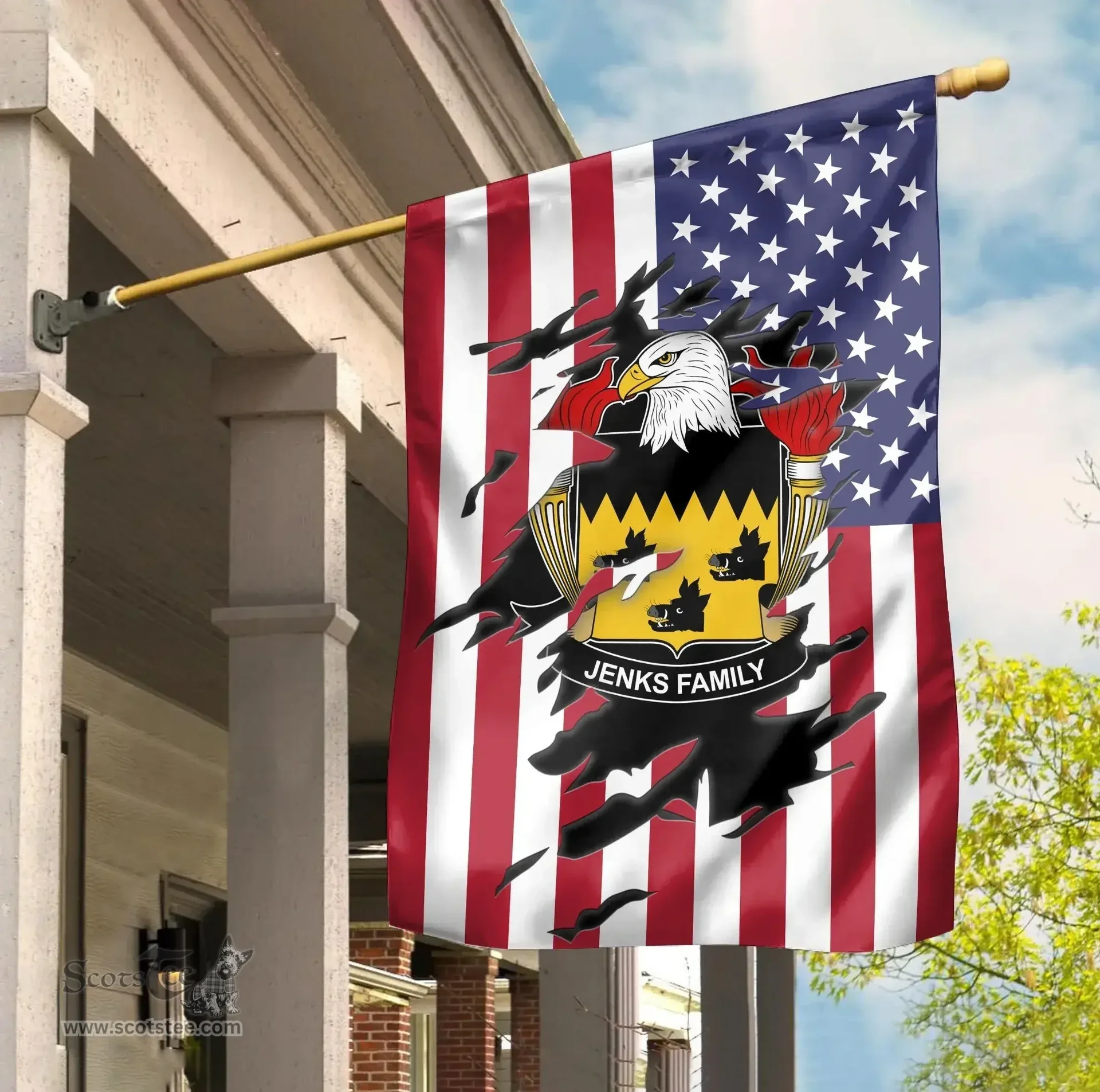 ScotsTee Shop American Jenks Coat of Arms Scratch on American Flag U.S. Flag Garden Flag/ House Flag