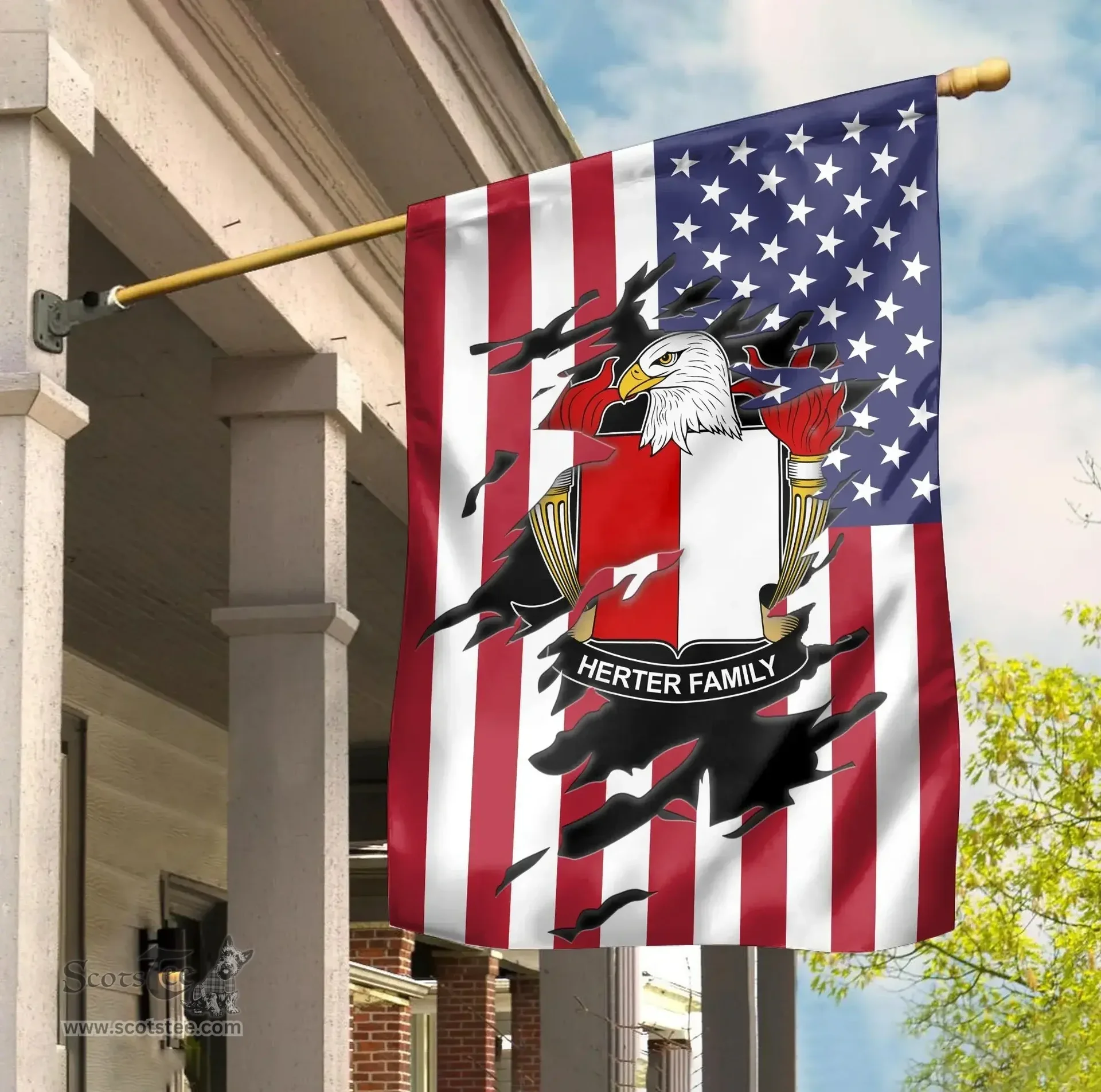 ScotsTee Shop American Herter Coat of Arms Scratch on American Flag U.S. Flag Garden Flag/ House Flag