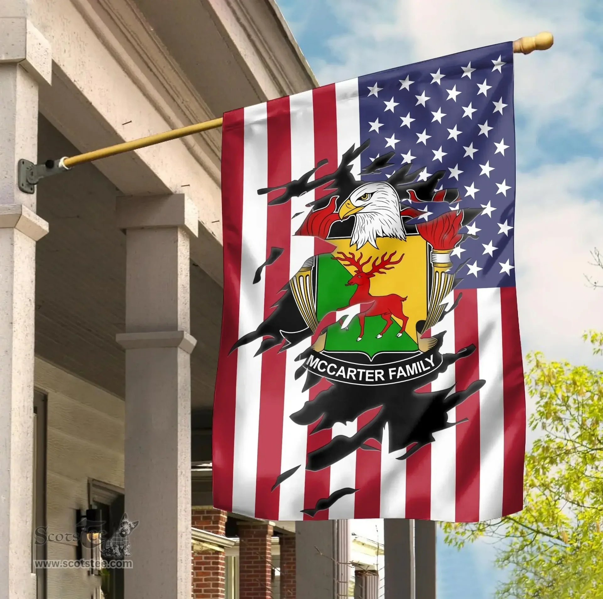 ScotsTee Shop American McCarter Coat of Arms Scratch on American Flag U.S. Flag Garden Flag/ House Flag