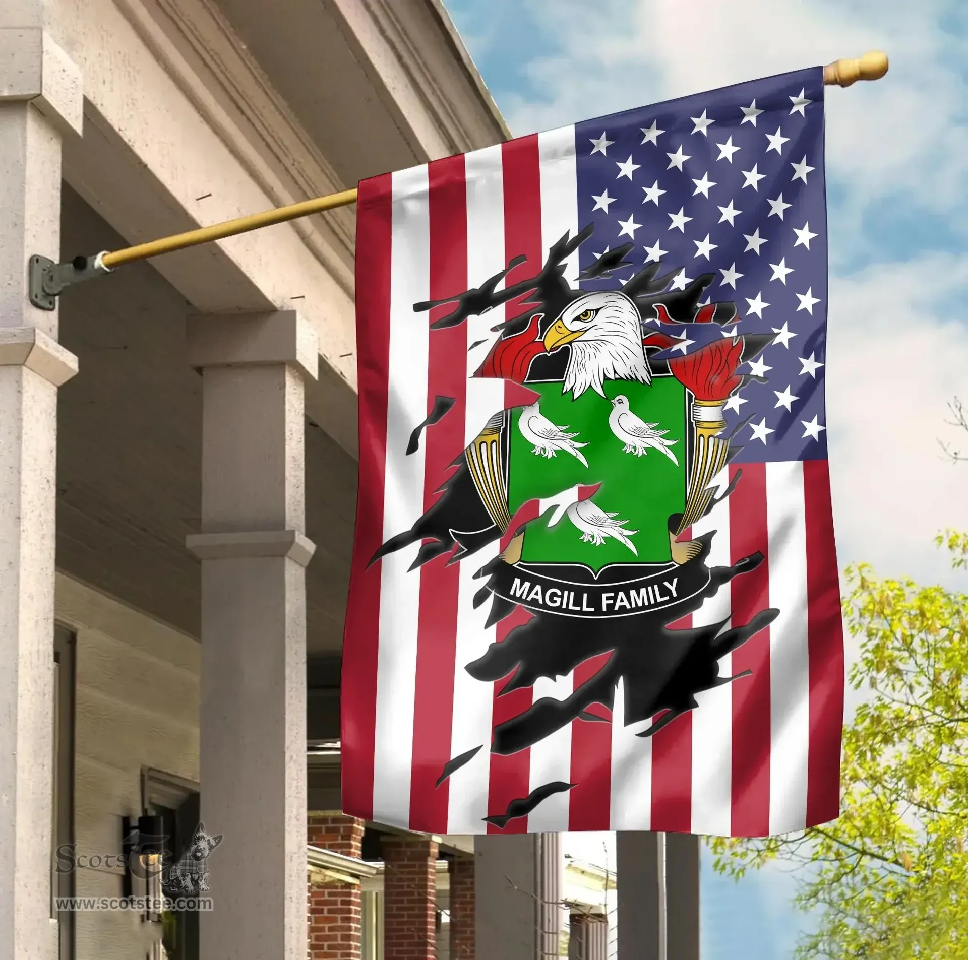 ScotsTee Shop American Magill Coat of Arms Scratch on American Flag U.S. Flag Garden Flag/ House Flag