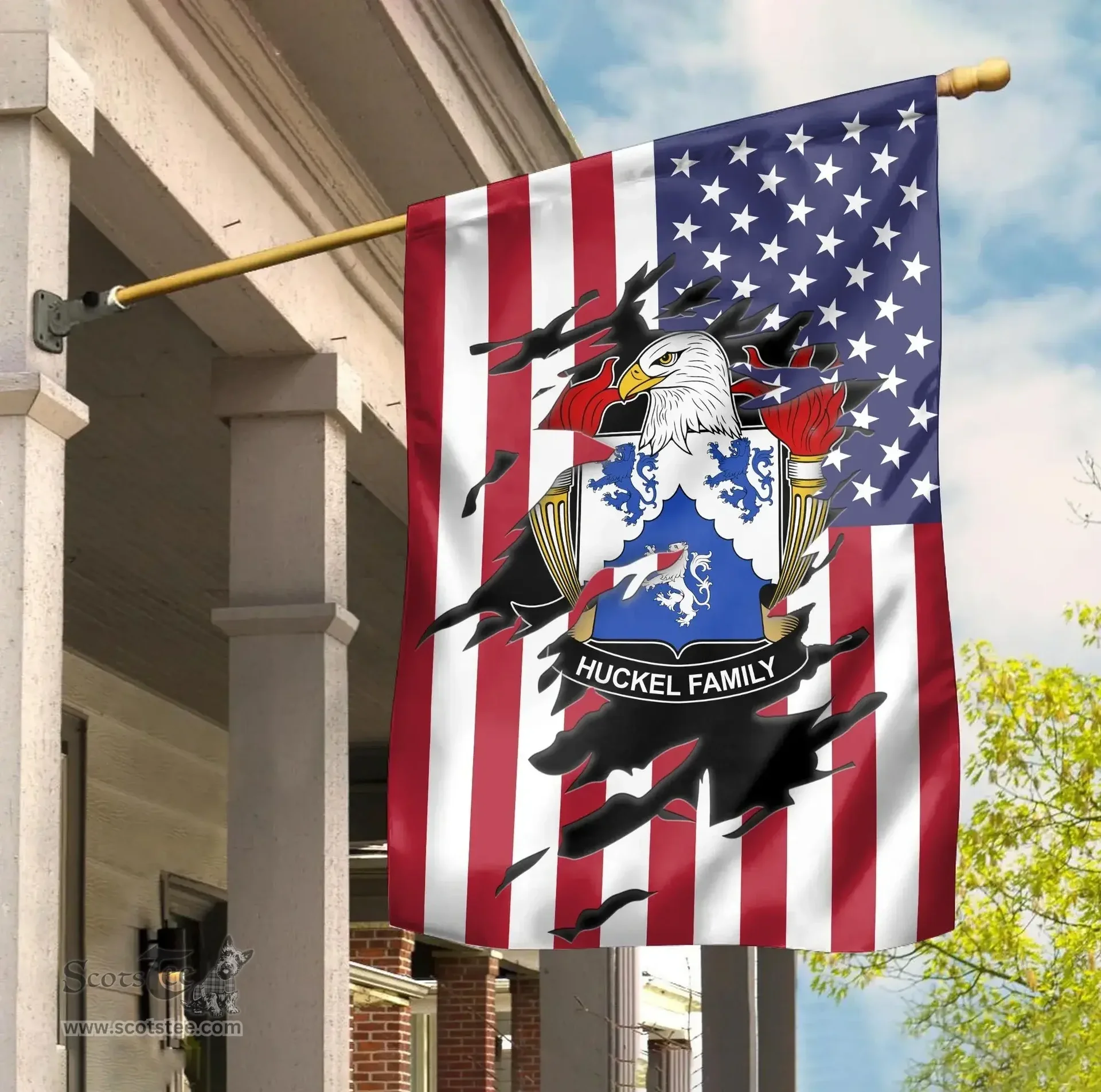 ScotsTee Shop American Huckel Coat of Arms Scratch on American Flag U.S. Flag Garden Flag/ House Flag