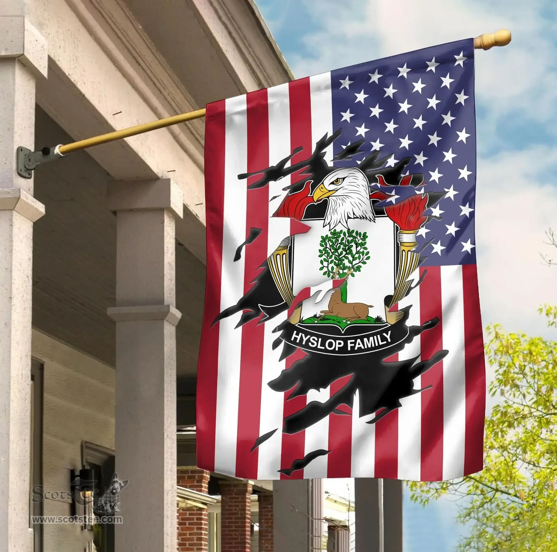 ScotsTee Shop American Hyslop Coat of Arms Scratch on American Flag U.S. Flag Garden Flag/ House Flag