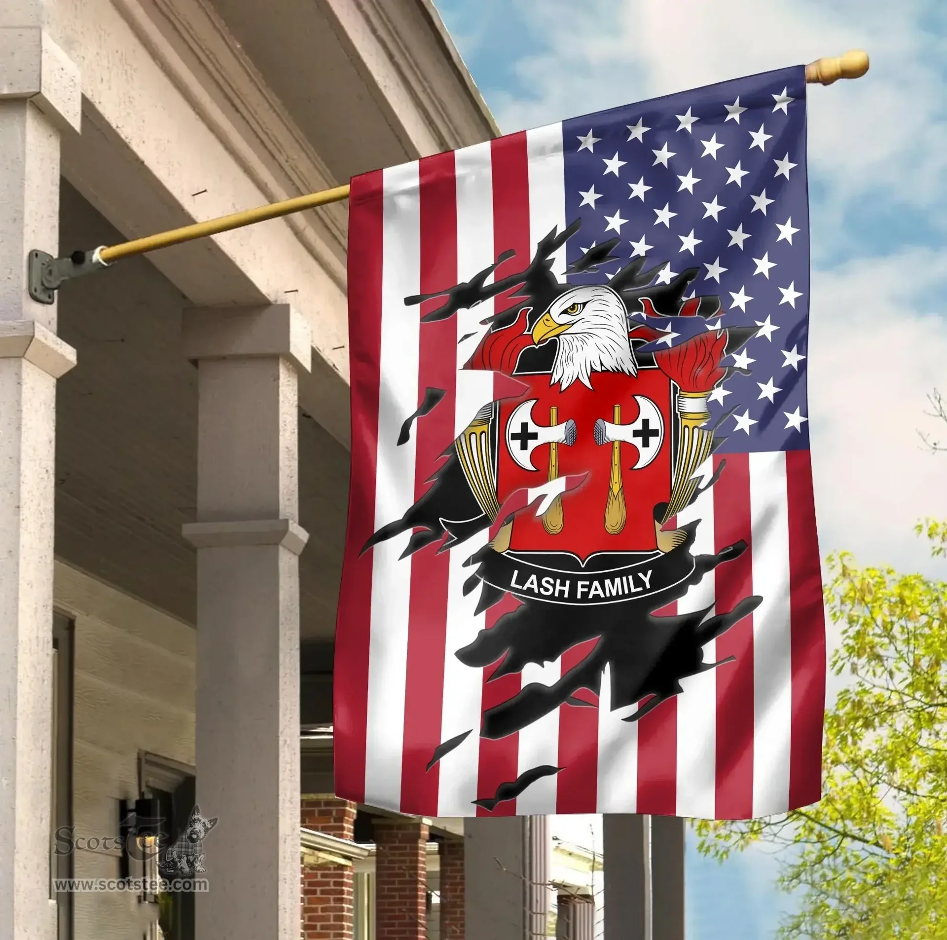 ScotsTee Shop American Lash Coat of Arms Scratch on American Flag U.S. Flag Garden Flag/ House Flag