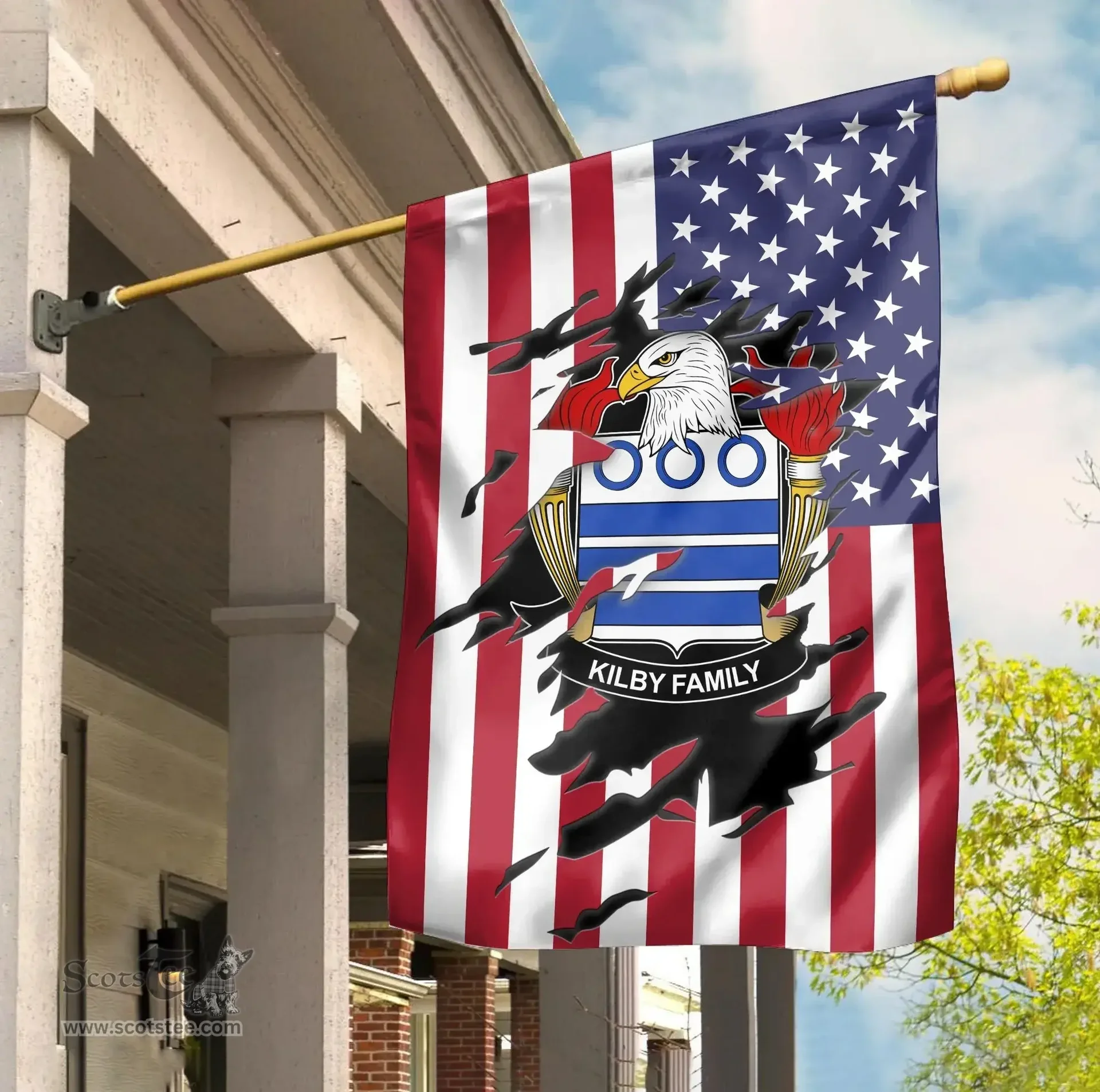 ScotsTee Shop American Kilby Coat of Arms Scratch on American Flag U.S. Flag Garden Flag/ House Flag