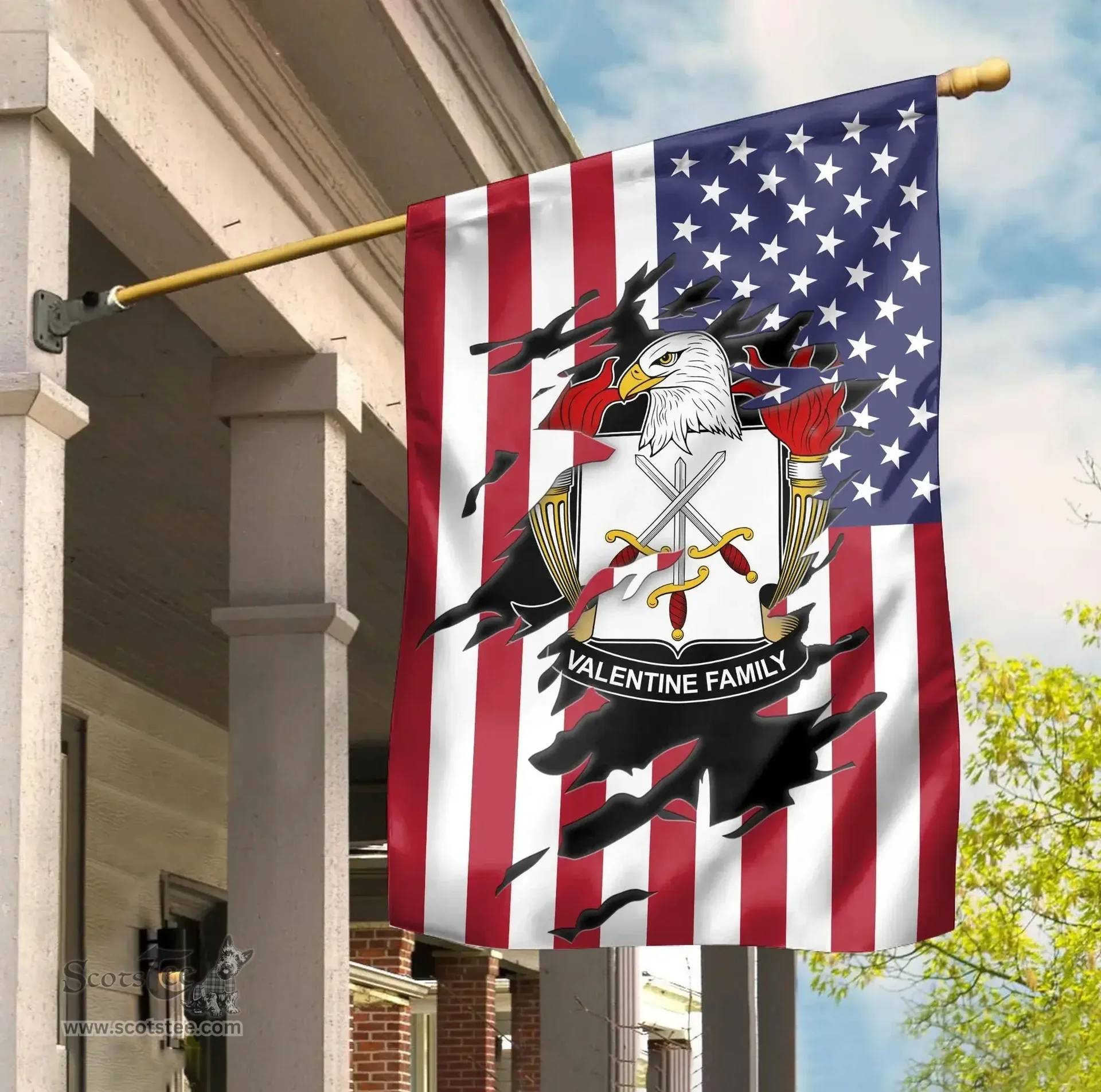 ScotsTee Shop American Valentine Coat of Arms Scratch on American Flag U.S. Flag Garden Flag/ House Flag