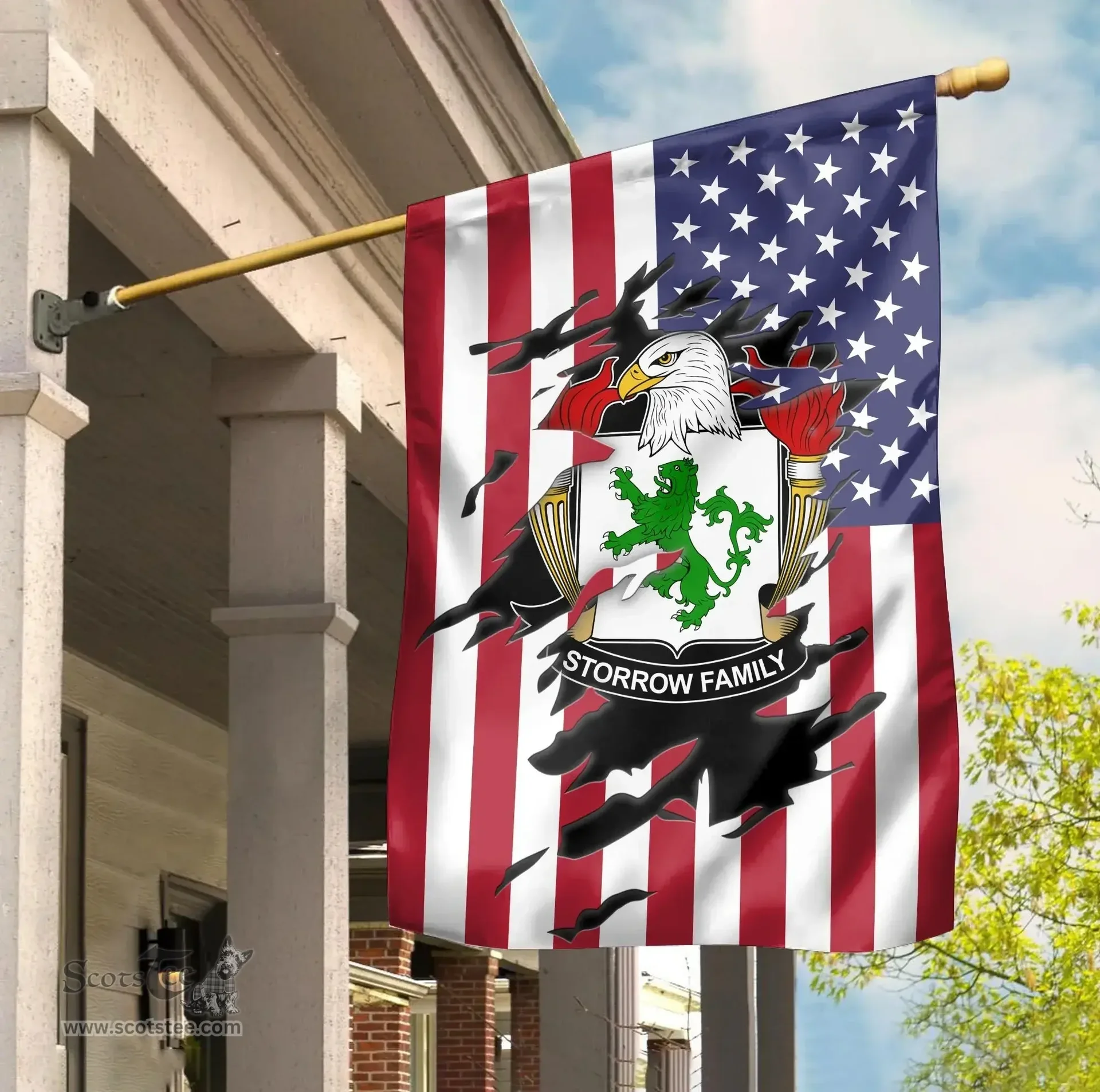 ScotsTee Shop American Storrow Coat of Arms Scratch on American Flag U.S. Flag Garden Flag/ House Flag