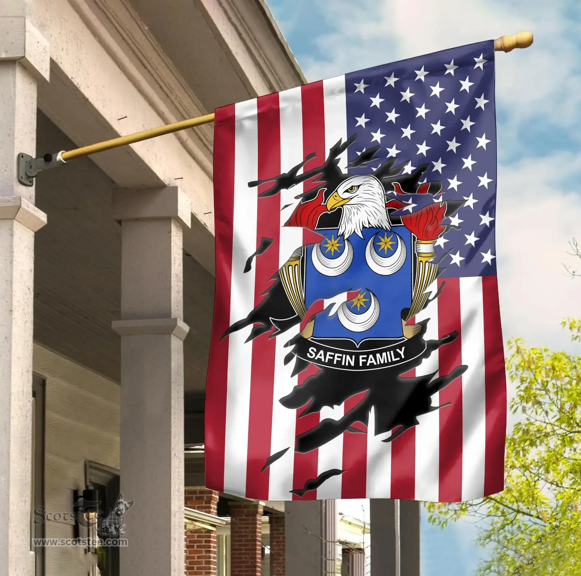 ScotsTee Shop American Saffin Coat of Arms Scratch on American Flag U.S. Flag Garden Flag/ House Flag