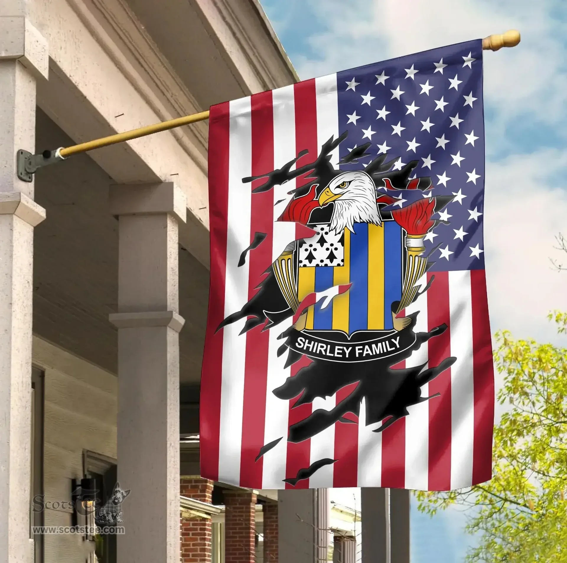 ScotsTee Shop American Shirley Coat of Arms Scratch on American Flag U.S. Flag Garden Flag/ House Flag