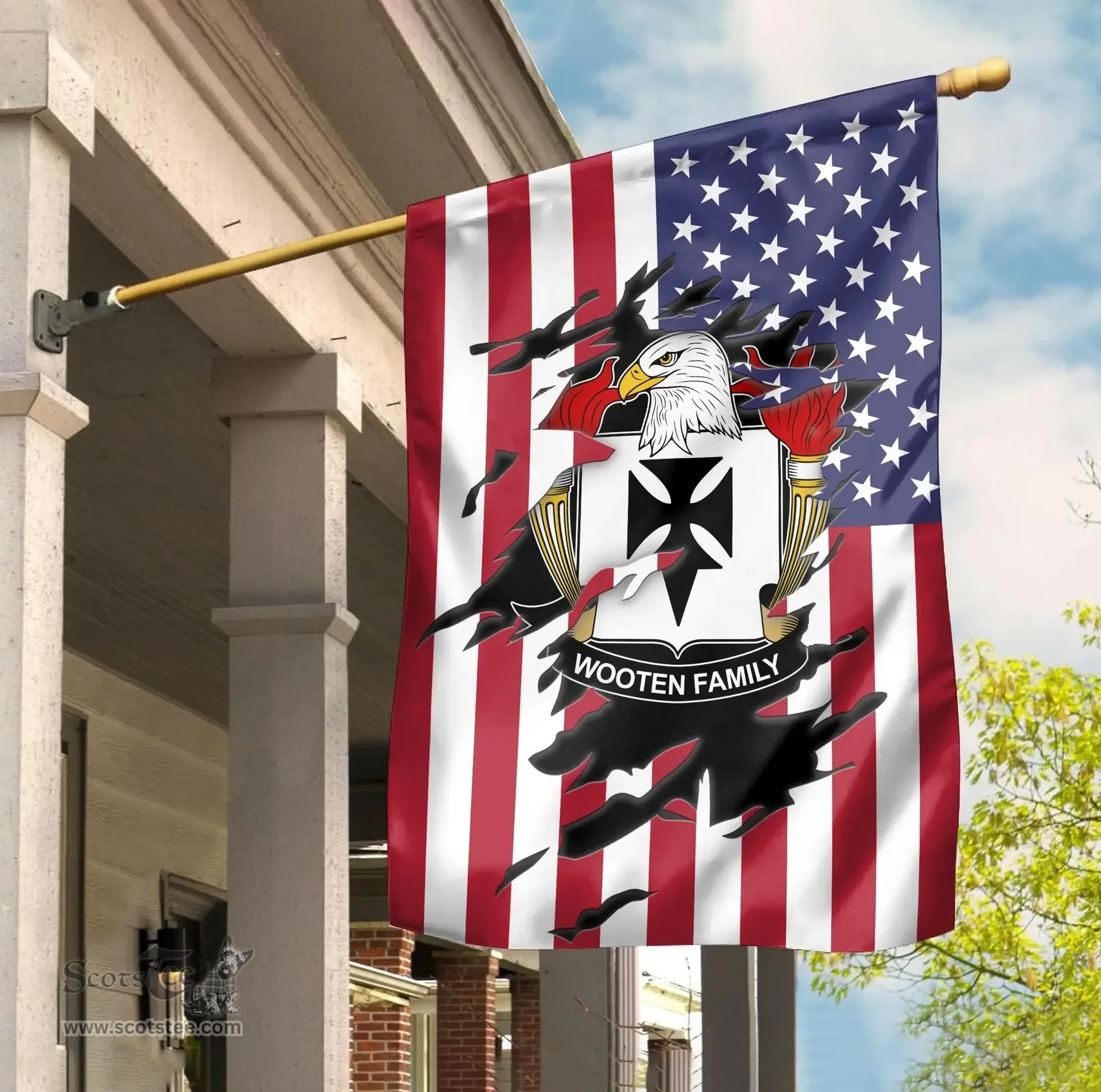 ScotsTee Shop American Wooten Coat of Arms Scratch on American Flag U.S. Flag Garden Flag/ House Flag