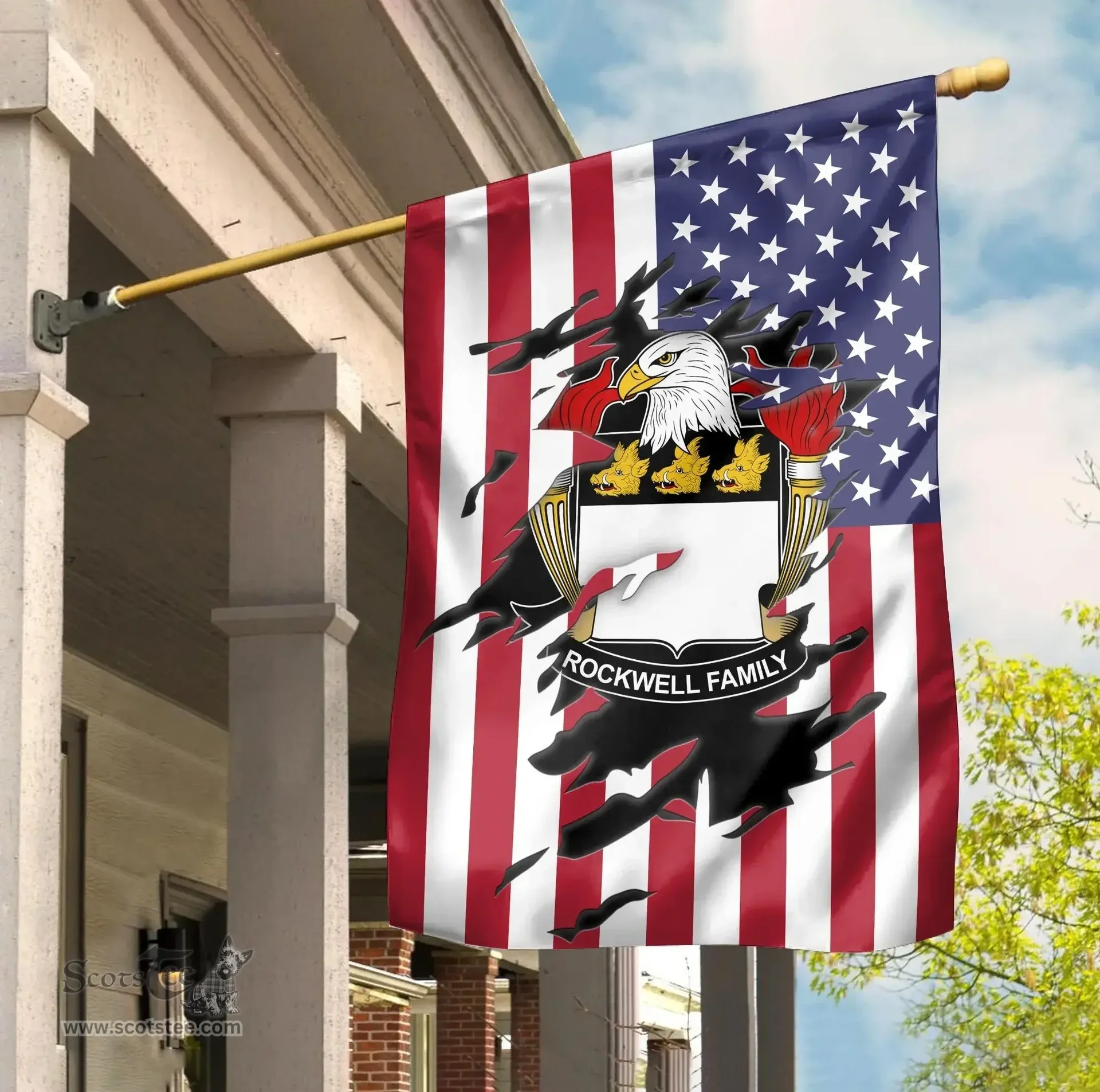 ScotsTee Shop American Rockwell Coat of Arms Scratch on American Flag U.S. Flag Garden Flag/ House Flag