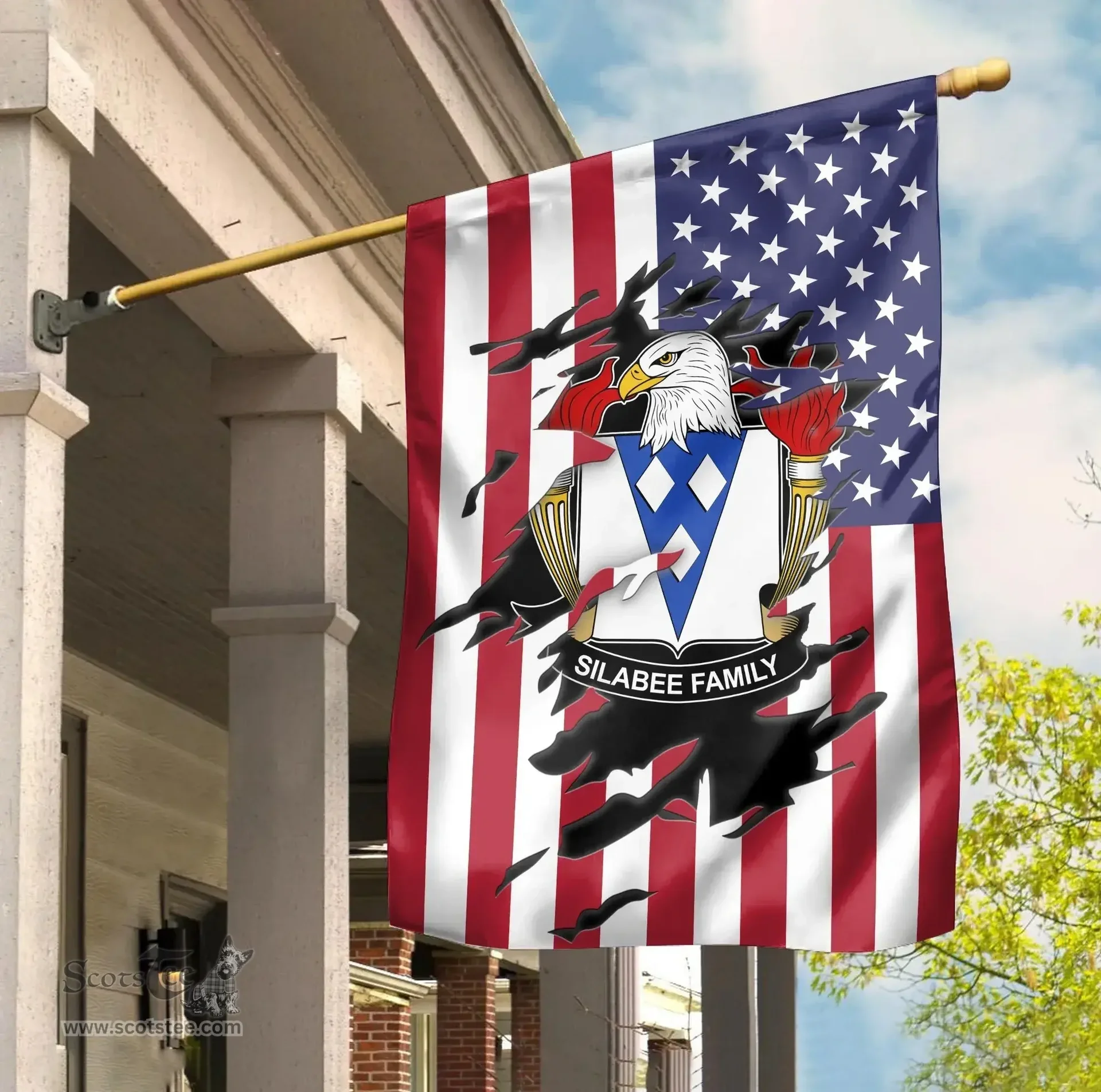 ScotsTee Shop American Silabee Coat of Arms Scratch on American Flag U.S. Flag Garden Flag/ House Flag