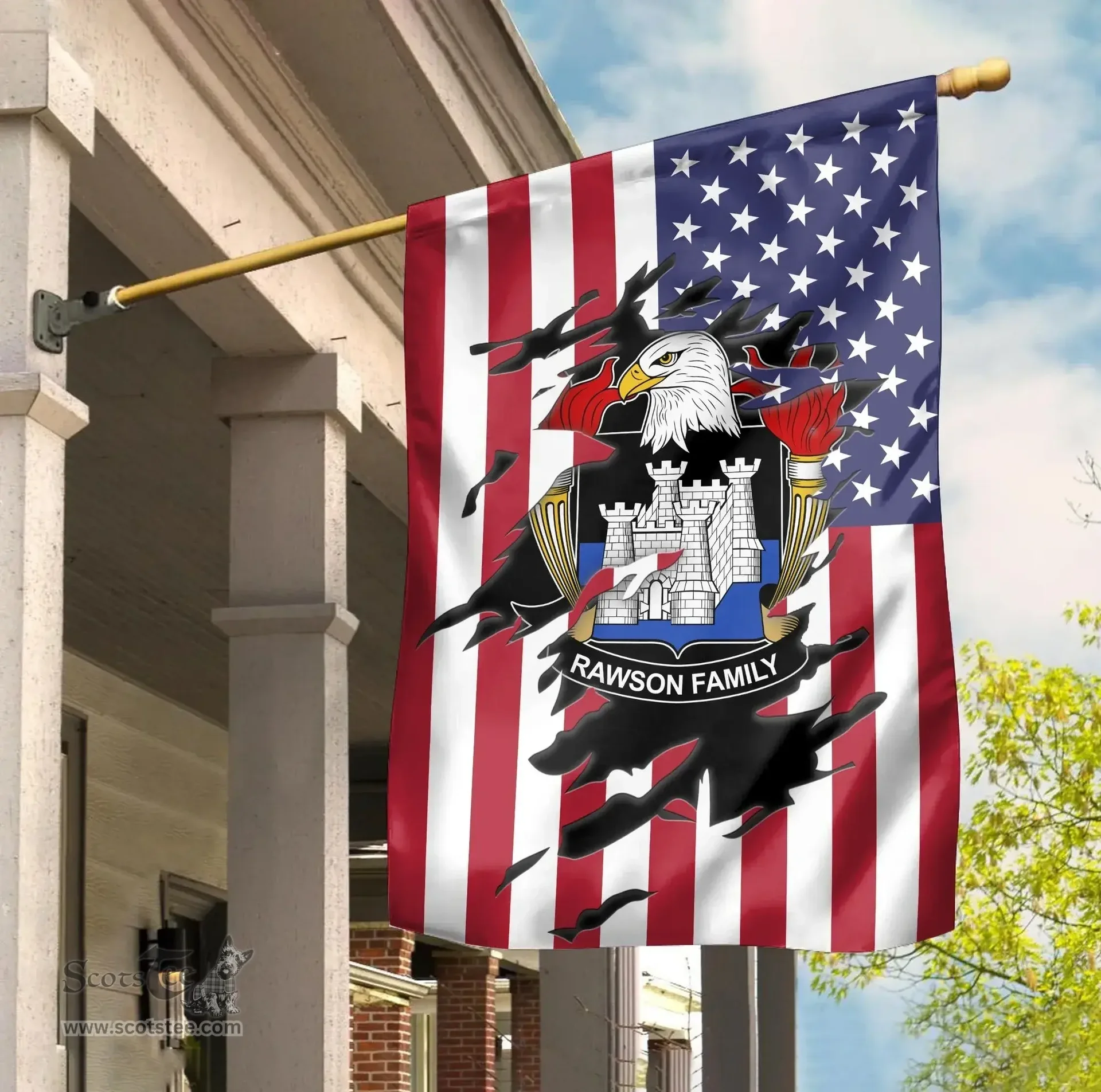 ScotsTee Shop American Rawson Coat of Arms Scratch on American Flag U.S. Flag Garden Flag/ House Flag