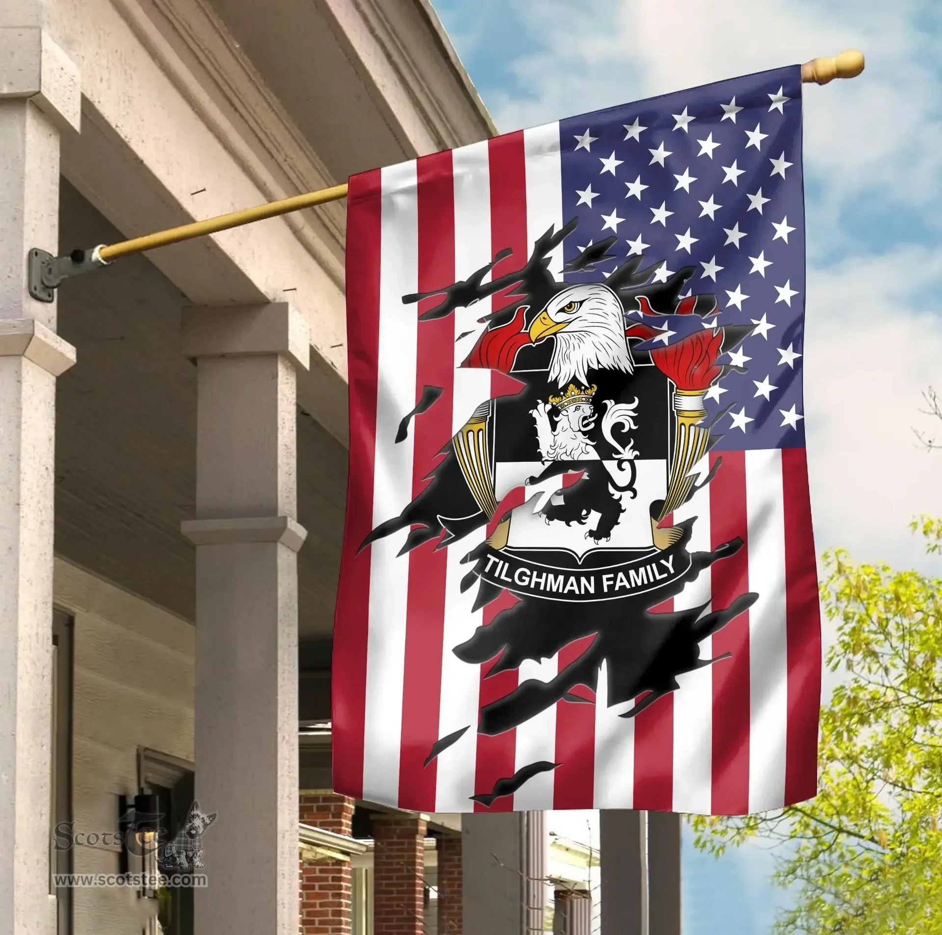 ScotsTee Shop American Tilghman Coat of Arms Scratch on American Flag U.S. Flag Garden Flag/ House Flag