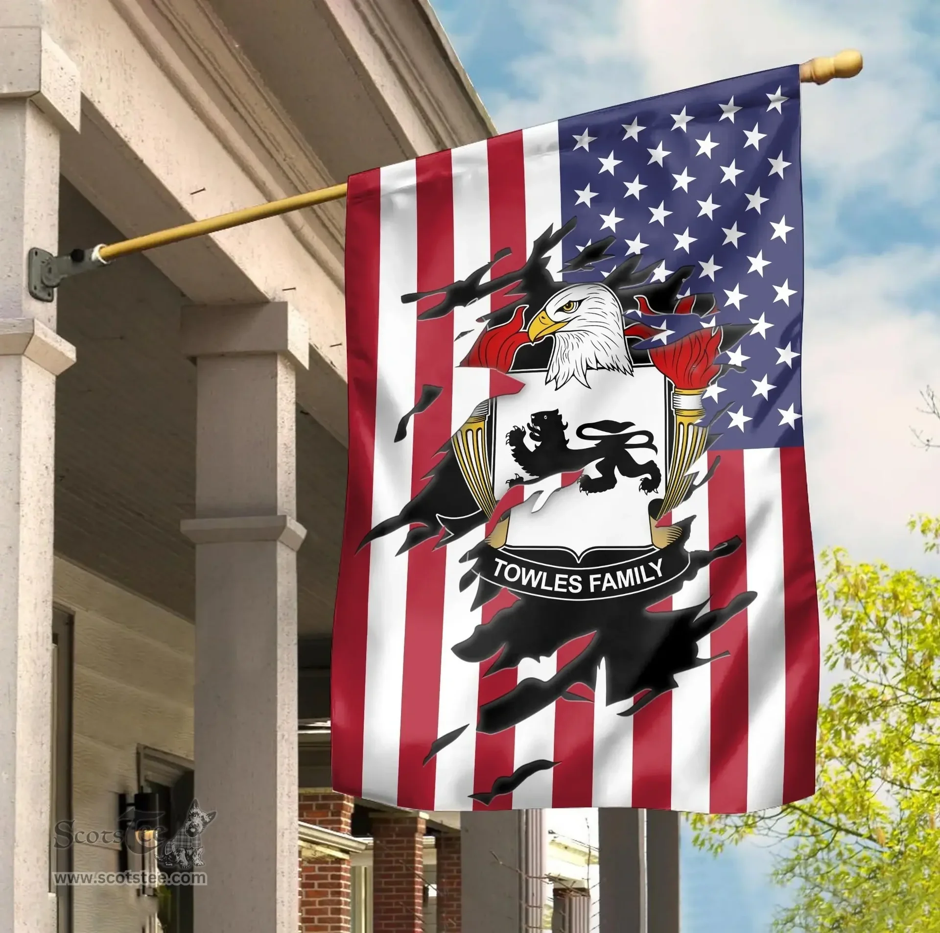ScotsTee Shop American Towles Coat of Arms Scratch on American Flag U.S. Flag Garden Flag/ House Flag