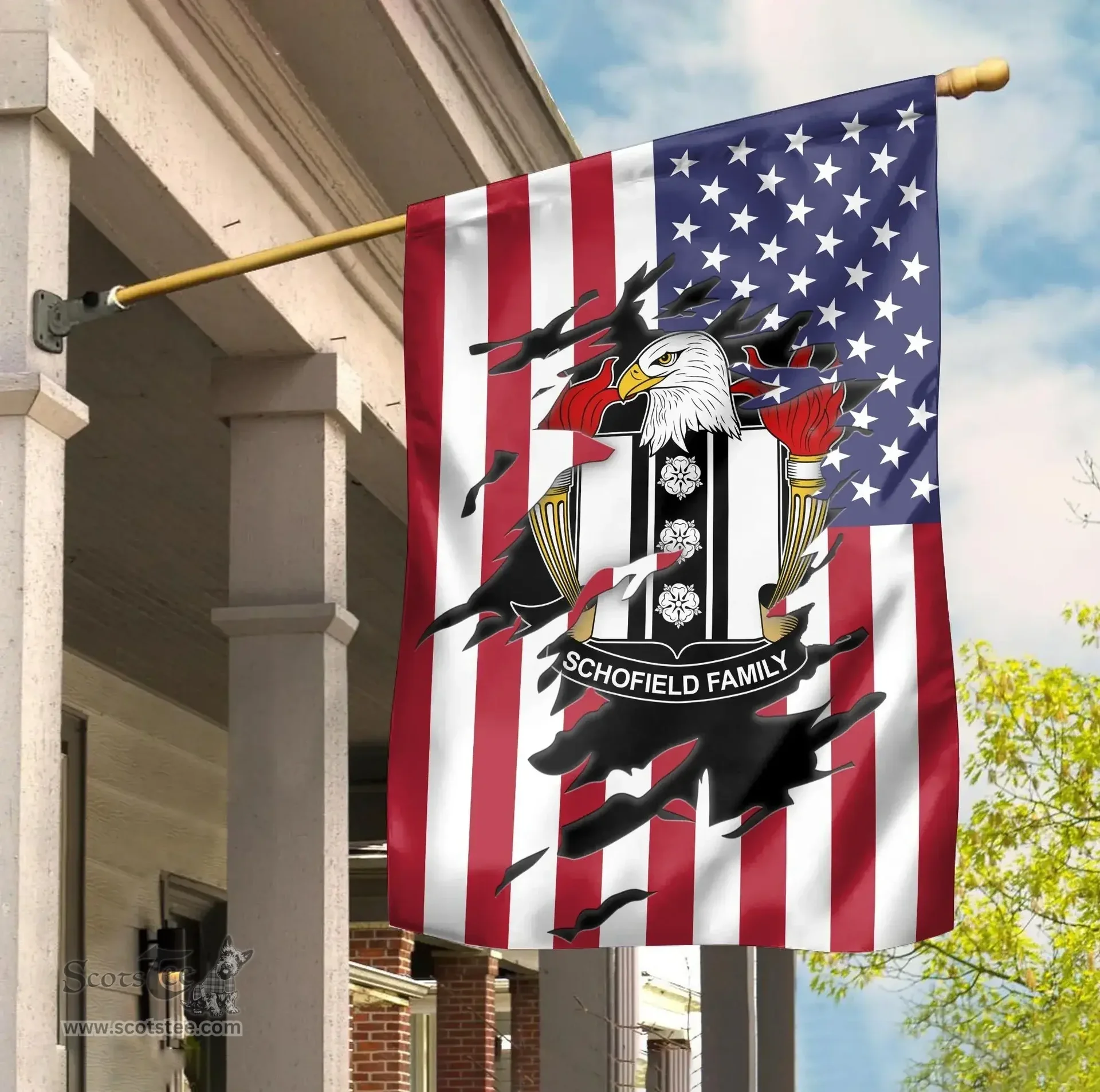 ScotsTee Shop American Schofield Coat of Arms Scratch on American Flag U.S. Flag Garden Flag/ House Flag
