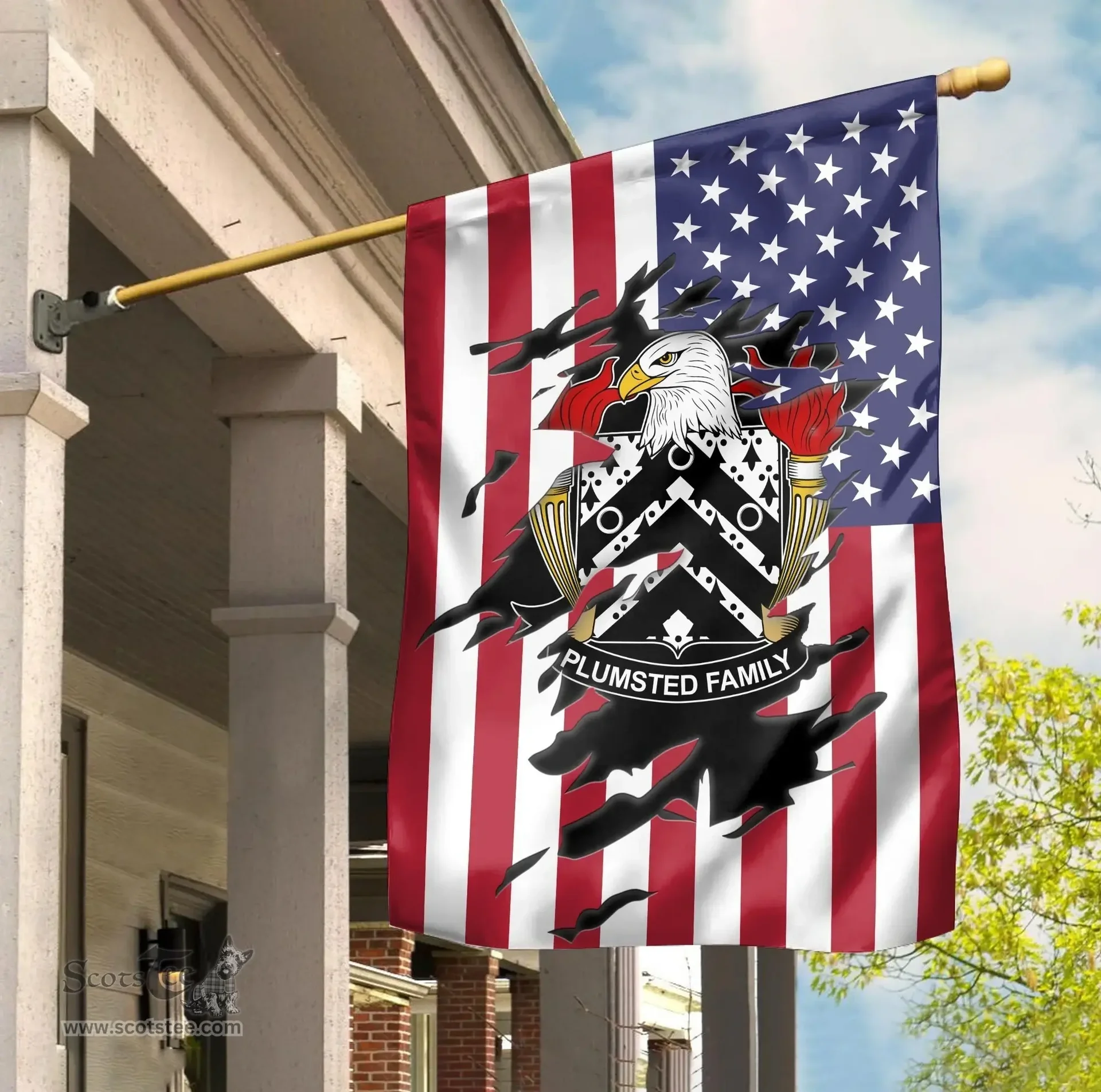 ScotsTee Shop American Plumsted Coat of Arms Scratch on American Flag U.S. Flag Garden Flag/ House Flag
