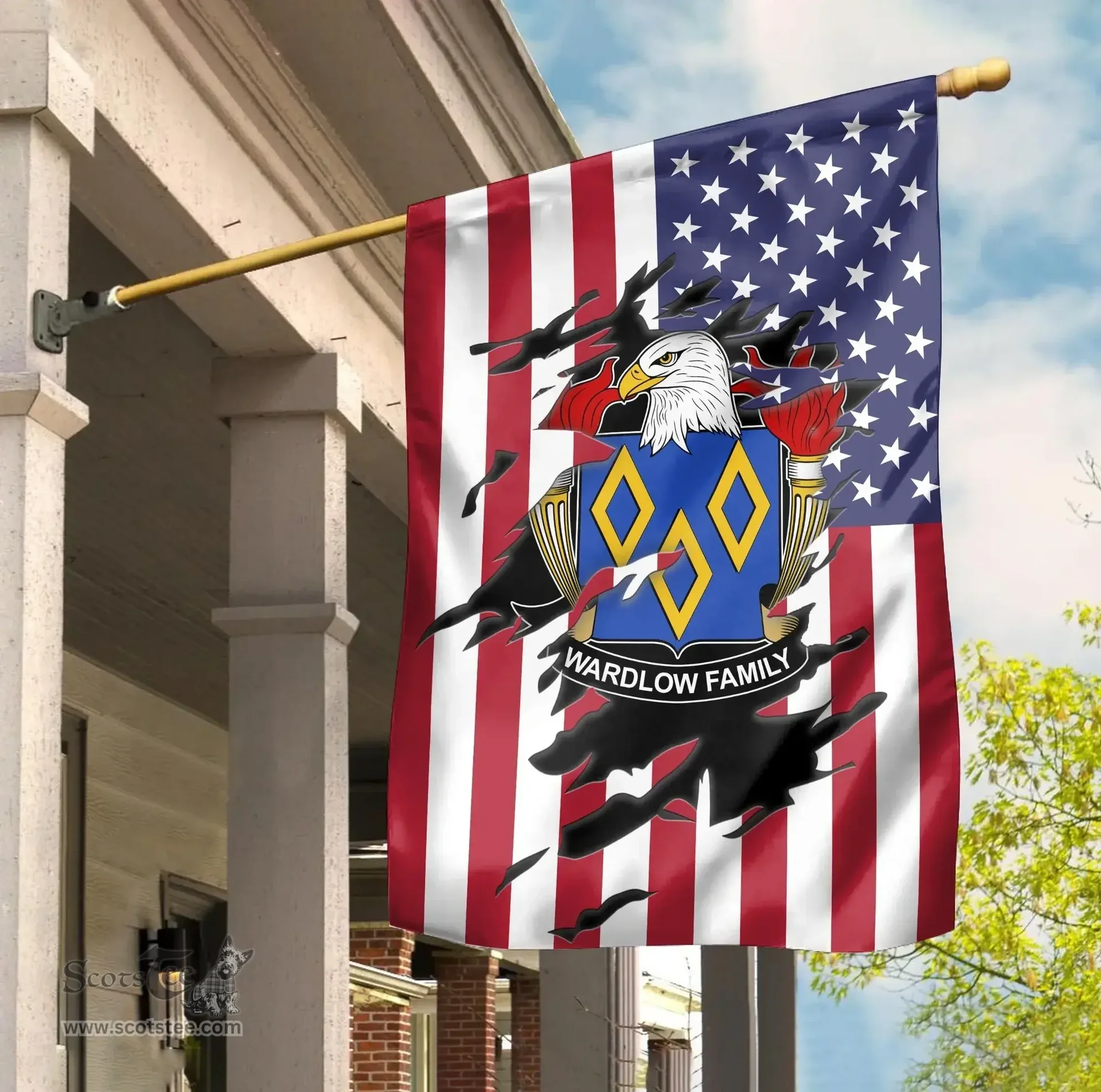 ScotsTee Shop American Wardlow Coat of Arms Scratch on American Flag U.S. Flag Garden Flag/ House Flag
