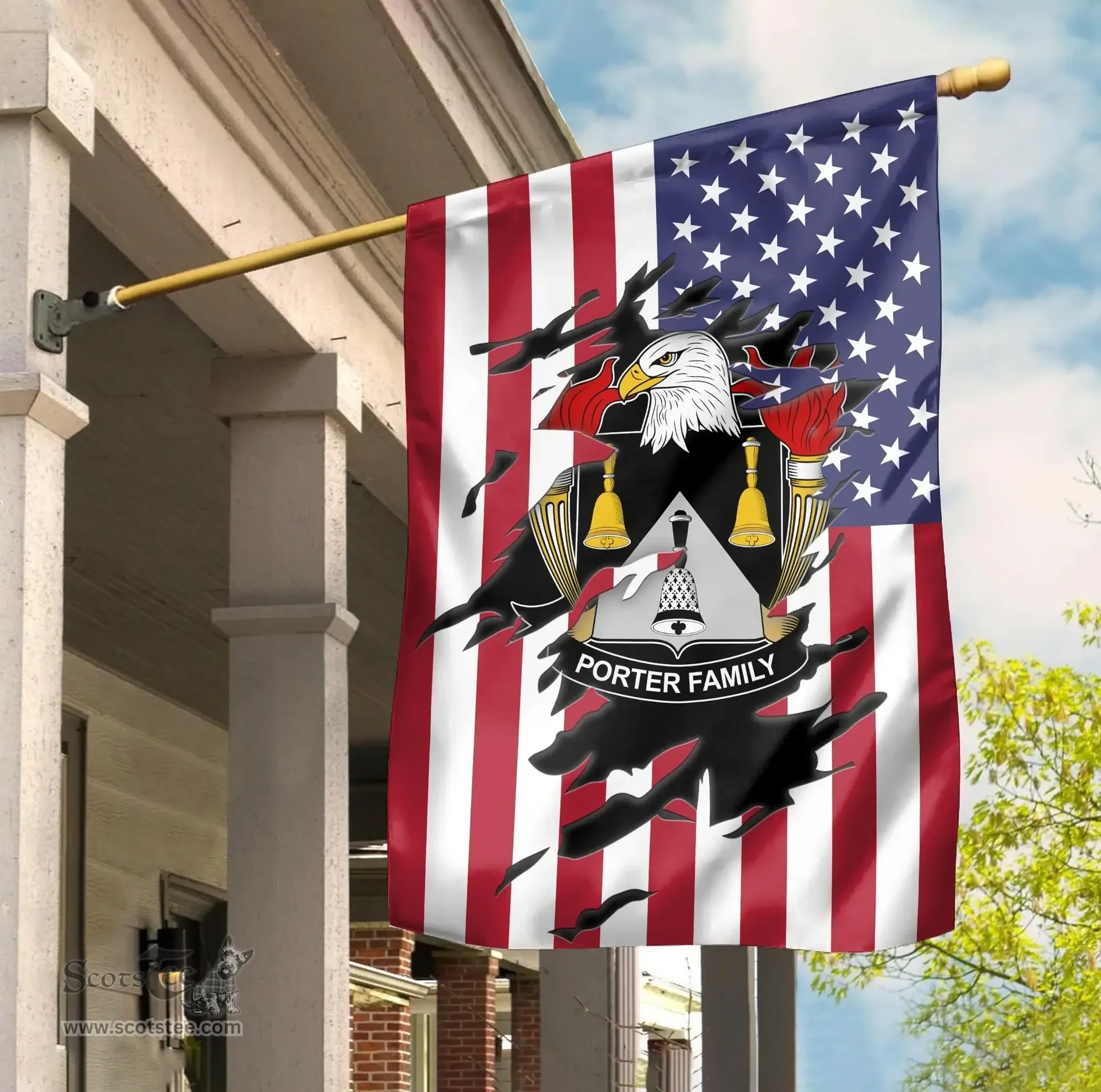 ScotsTee Shop American Porter Coat of Arms Scratch on American Flag U.S. Flag Garden Flag/ House Flag