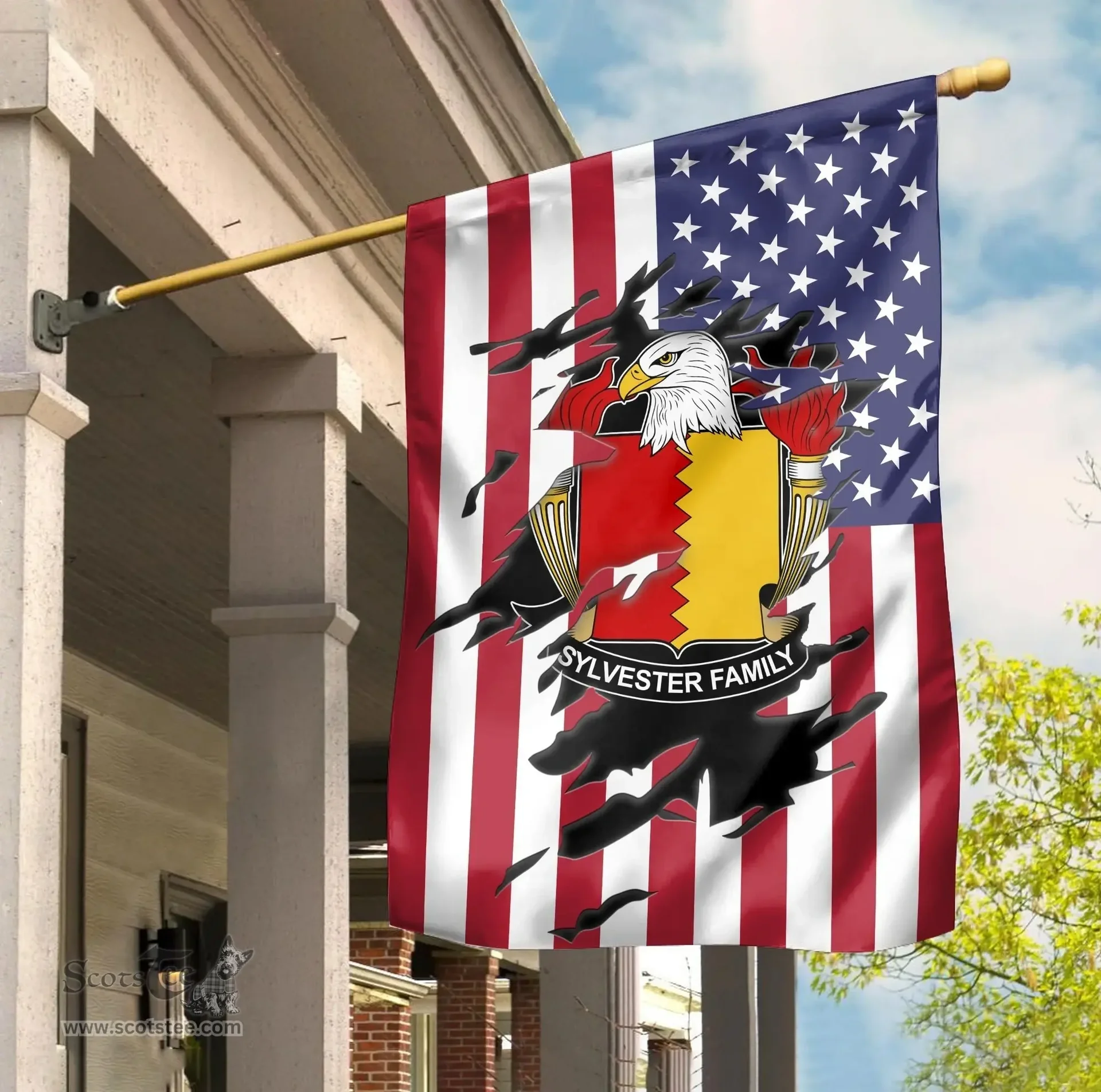 ScotsTee Shop American Sylvester Coat of Arms Scratch on American Flag U.S. Flag Garden Flag/ House Flag