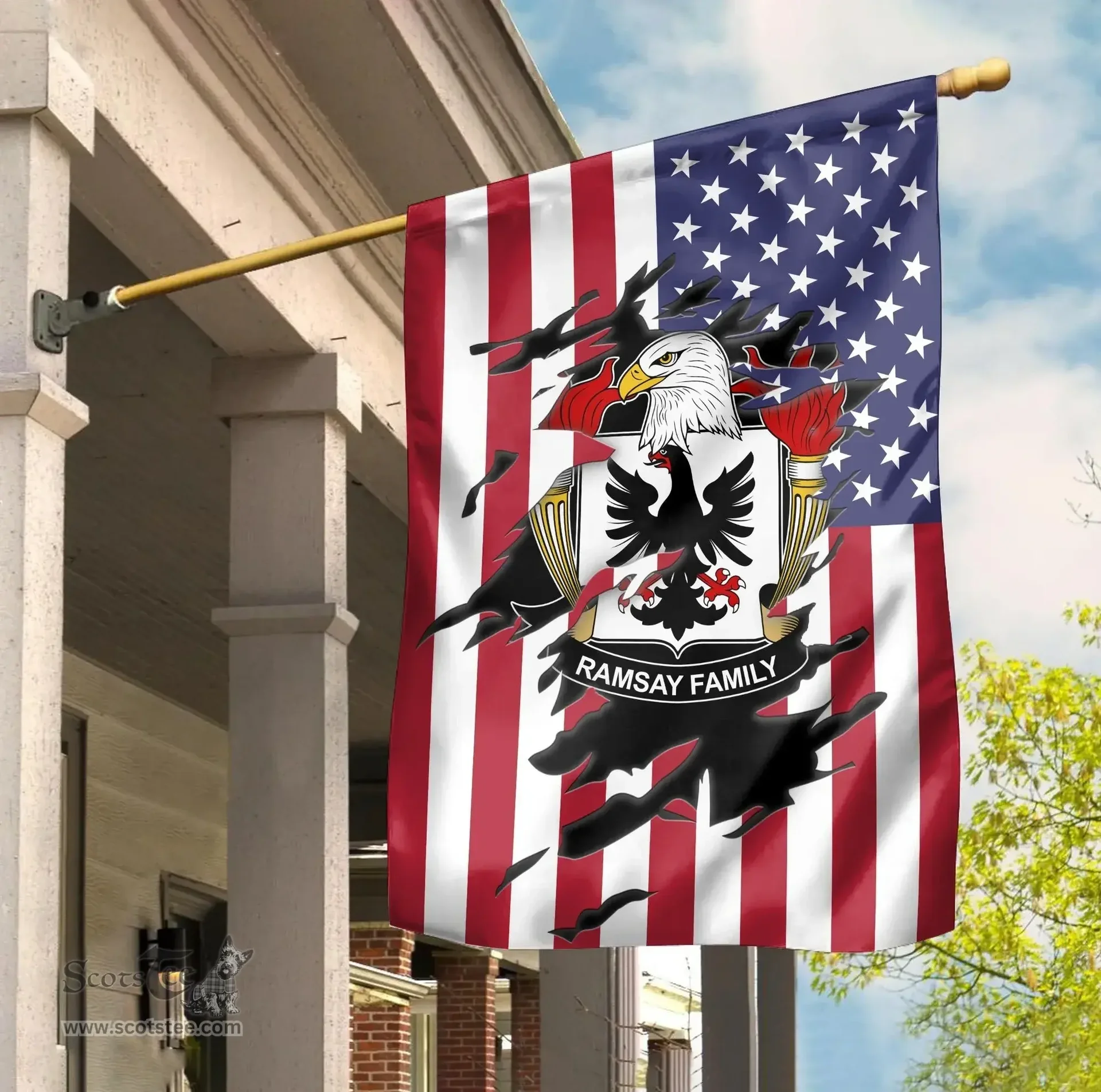 ScotsTee Shop American Ramsay Coat of Arms Scratch on American Flag U.S. Flag Garden Flag/ House Flag