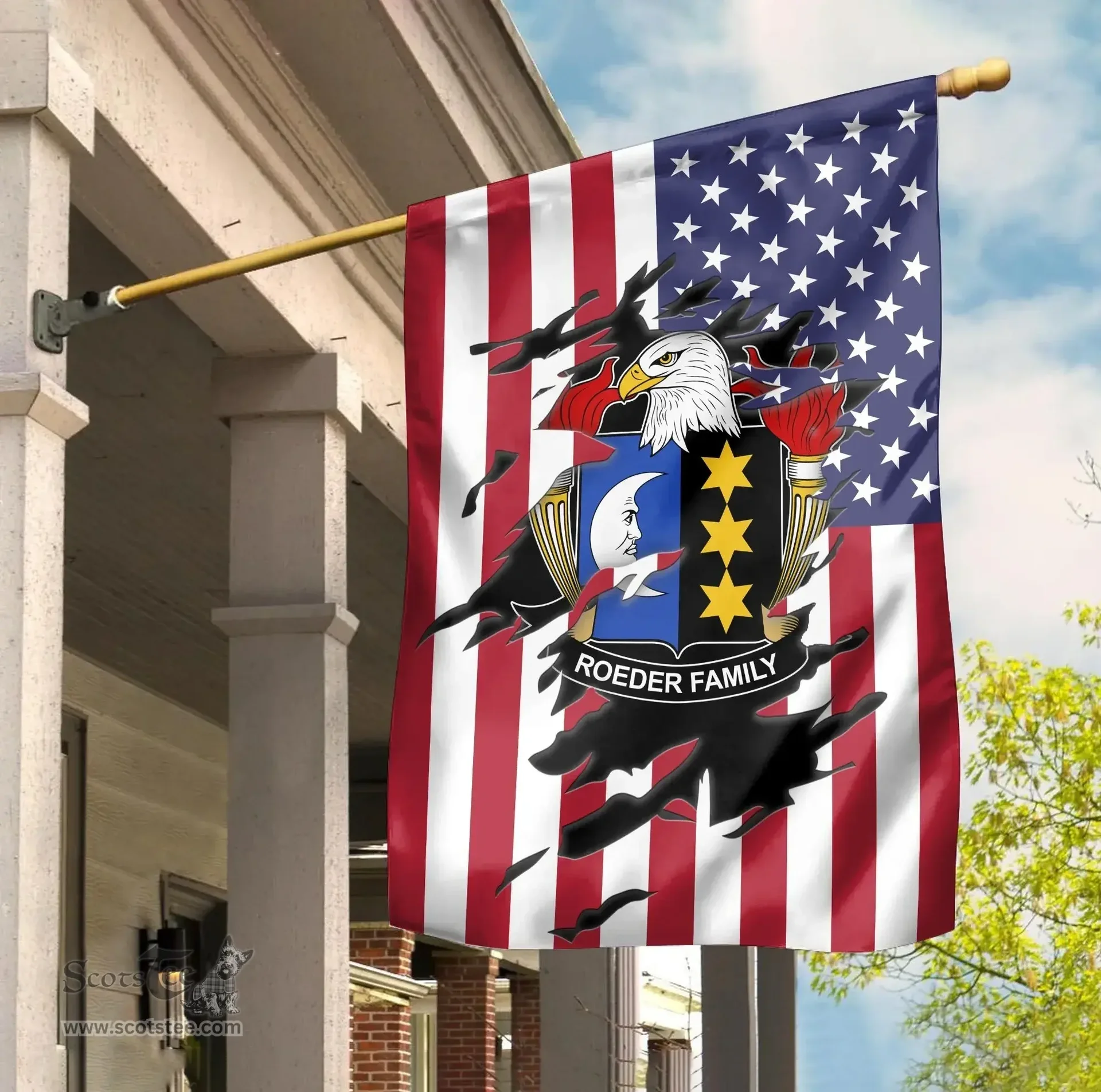 ScotsTee Shop American Roeder Coat of Arms Scratch on American Flag U.S. Flag Garden Flag/ House Flag