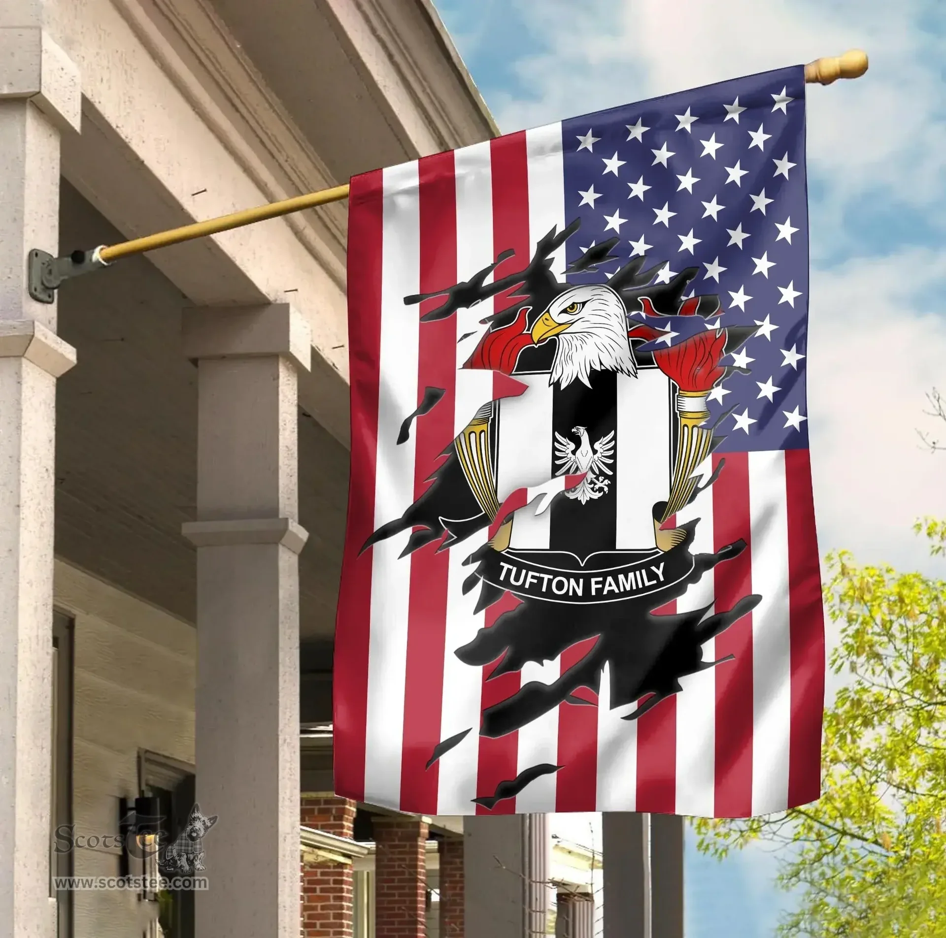 ScotsTee Shop American Tufton Coat of Arms Scratch on American Flag U.S. Flag Garden Flag/ House Flag