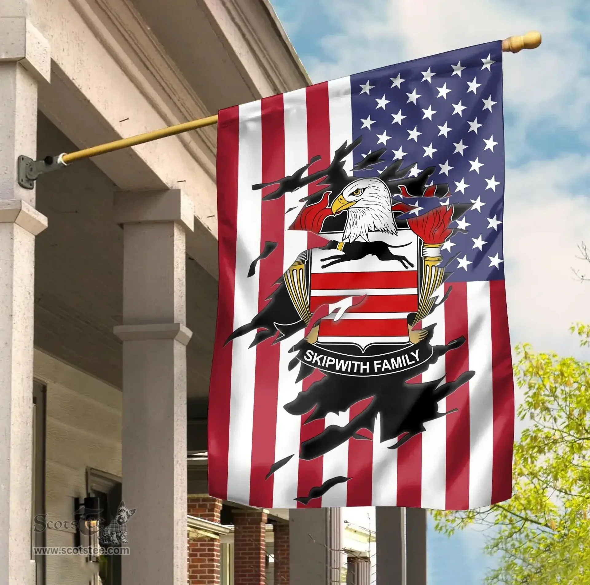 ScotsTee Shop American Skipwith Coat of Arms Scratch on American Flag U.S. Flag Garden Flag/ House Flag