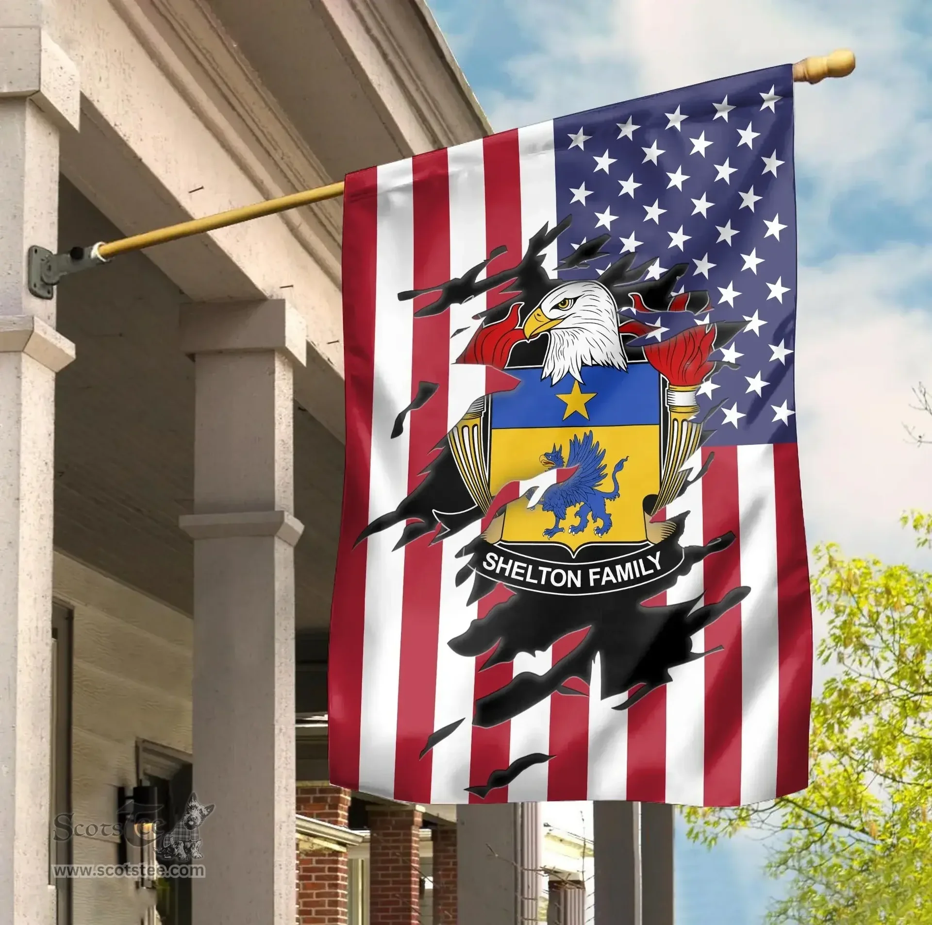 ScotsTee Shop American Shelton Coat of Arms Scratch on American Flag U.S. Flag Garden Flag/ House Flag